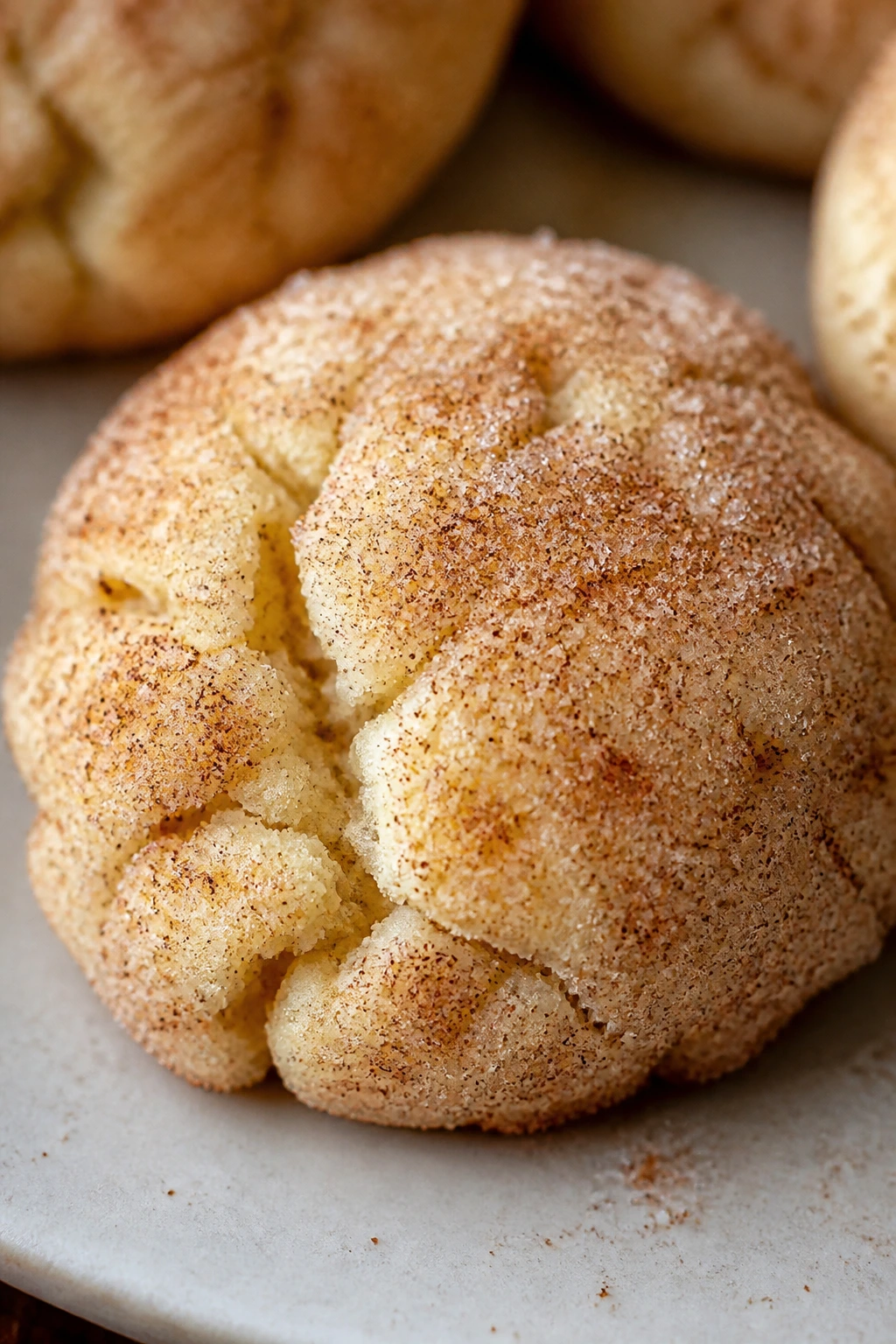 Snickerdoodle snowball cookie dusted with cinnamon sugar