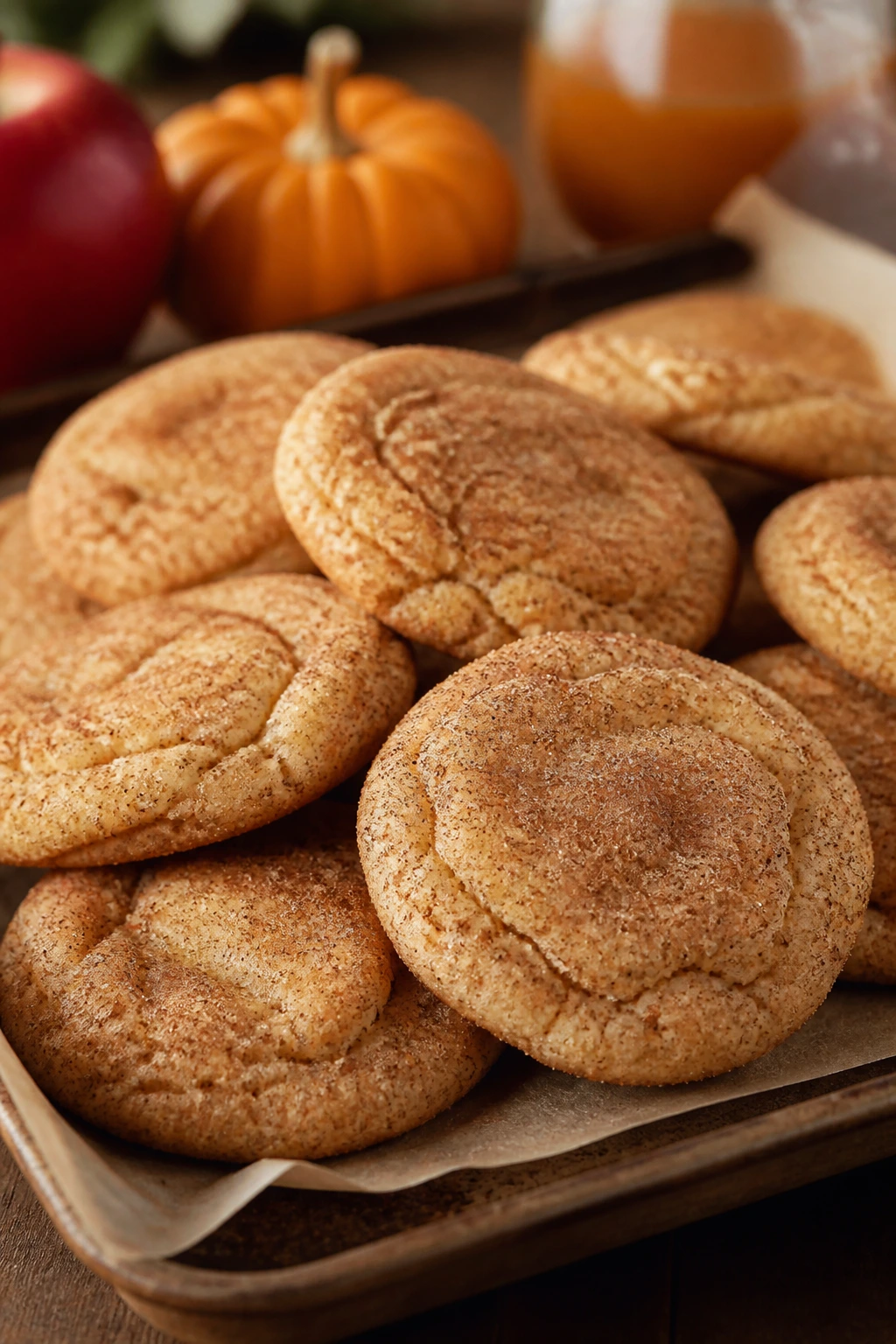 Close-up of apple cider snickerdoodles with cinnamon sugar on sheet