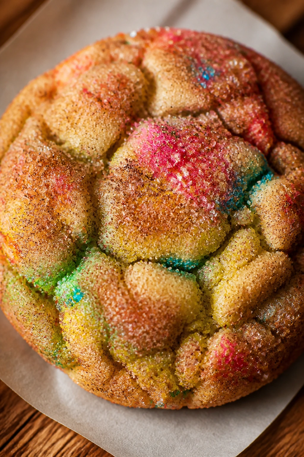 Close-up of a cinnamon rainbow snickerdoodle cookie with rainbow coating