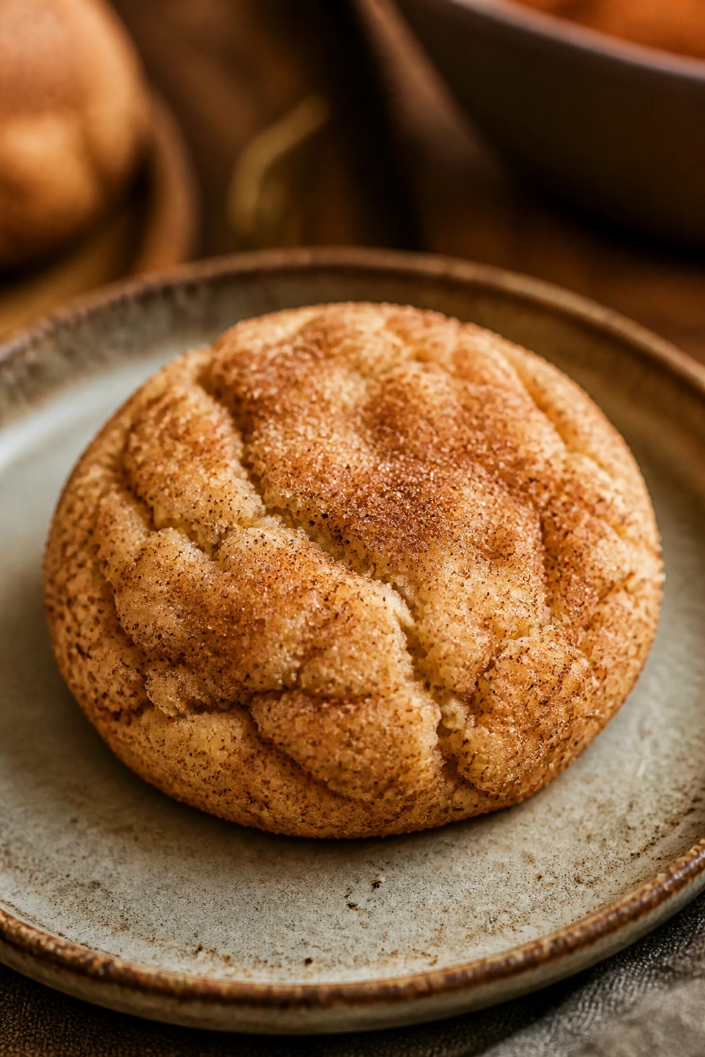 Crackled snickerdoodle cookie with cinnamon sugar.