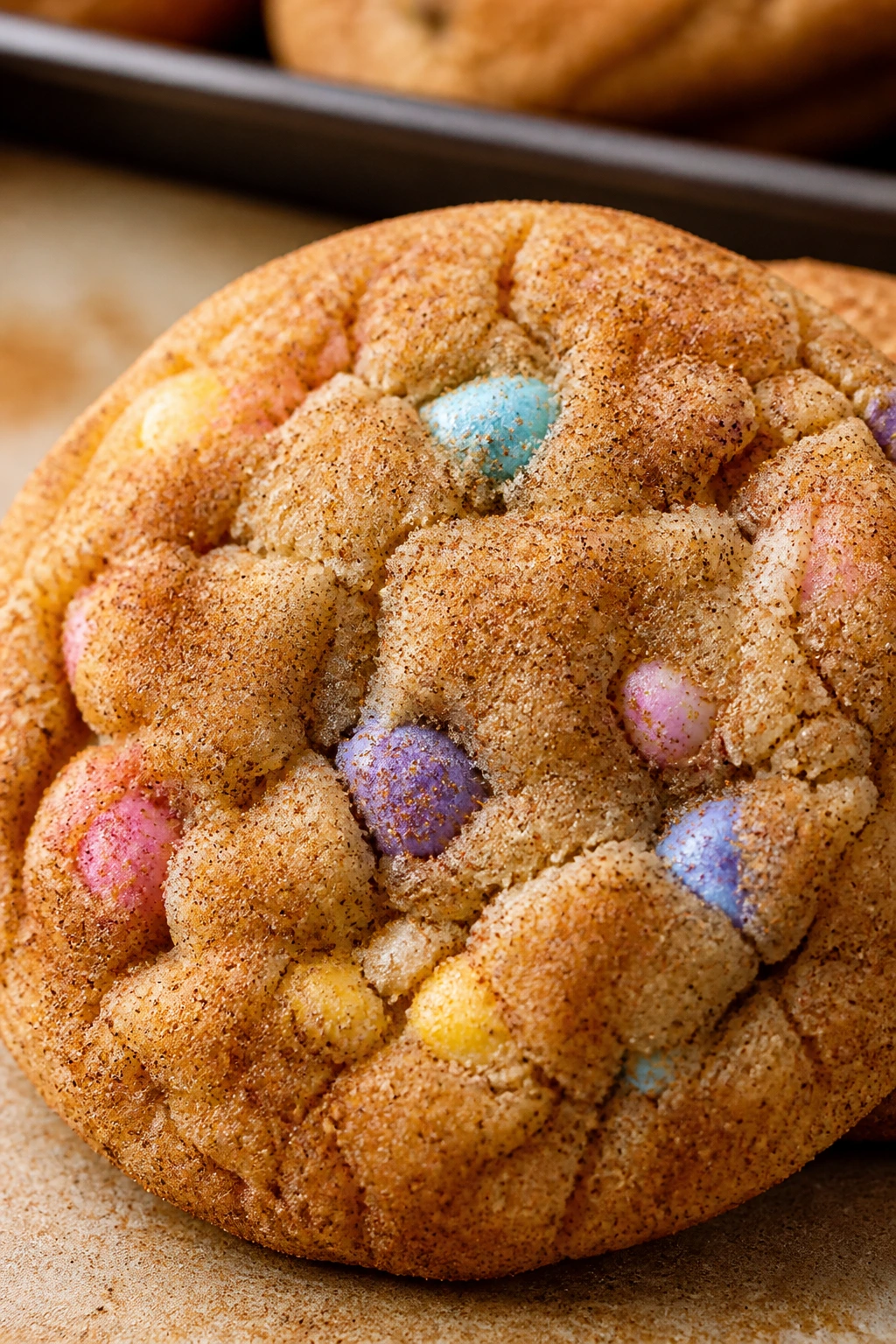 Snickerdoodle cookie with pastel Mini Eggs specks close-up