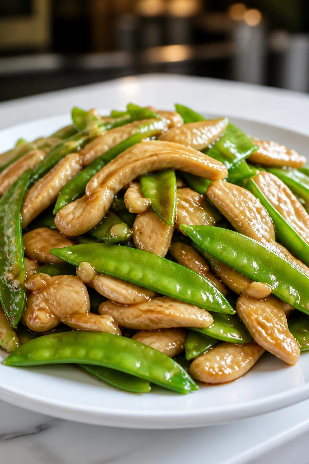 Chicken and snow peas stir-fry on a plate