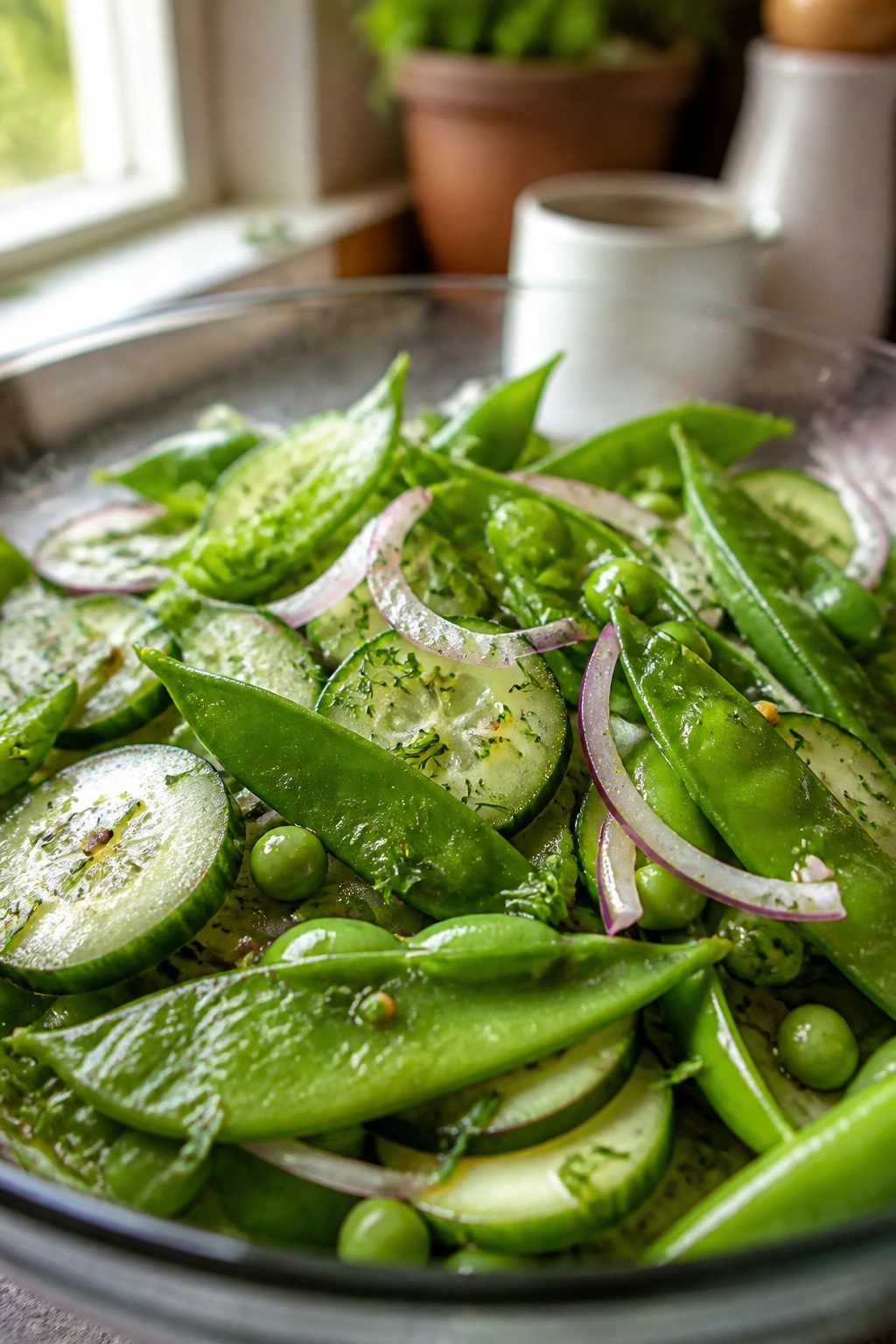 Pea varieties in salad: snow peas and sugar snap peas