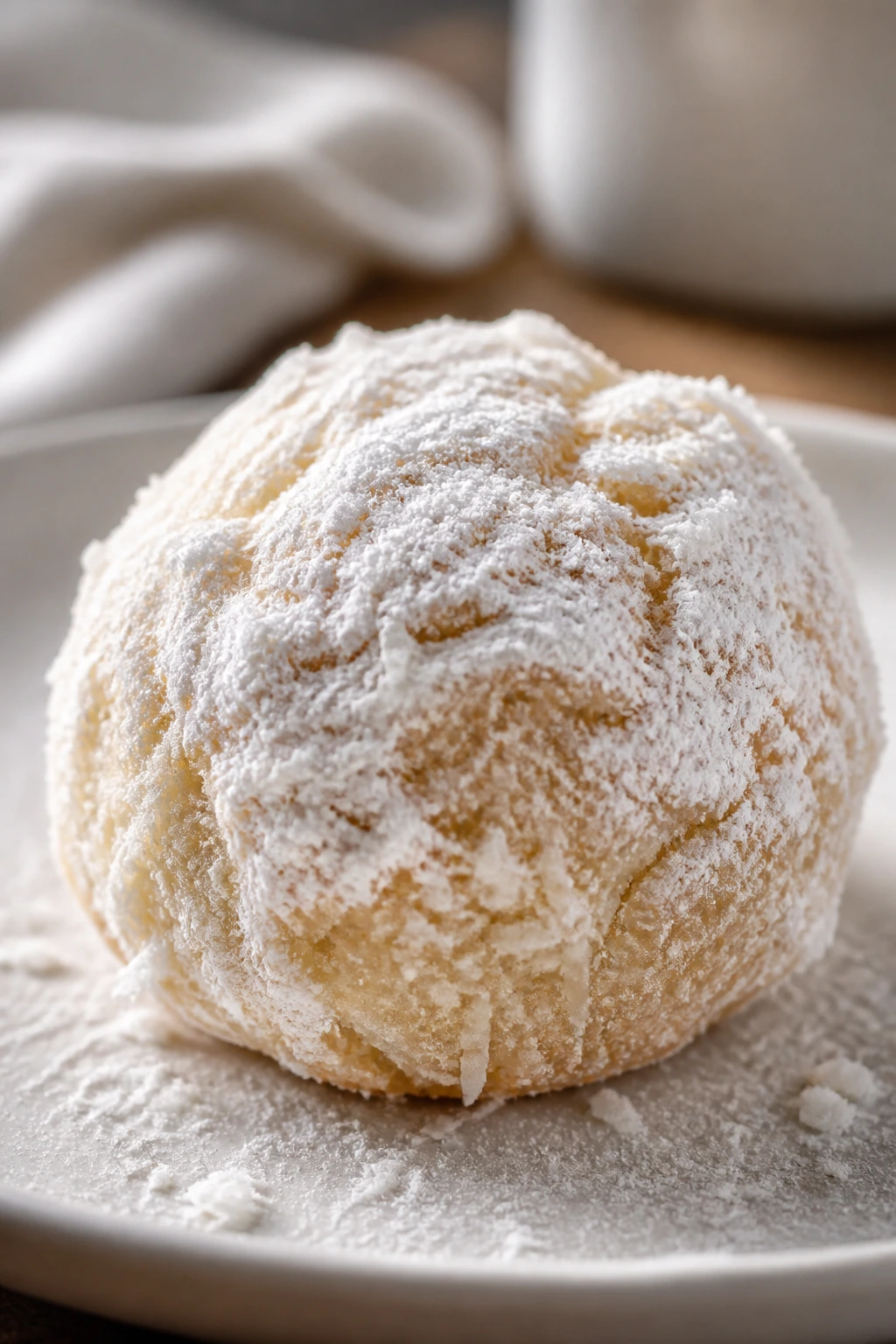 Snowball cookie coated in powdered sugar with coconut flakes on plate