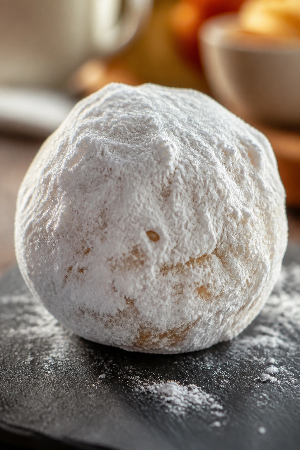 Close-up of almond snowball cookie with powdered sugar