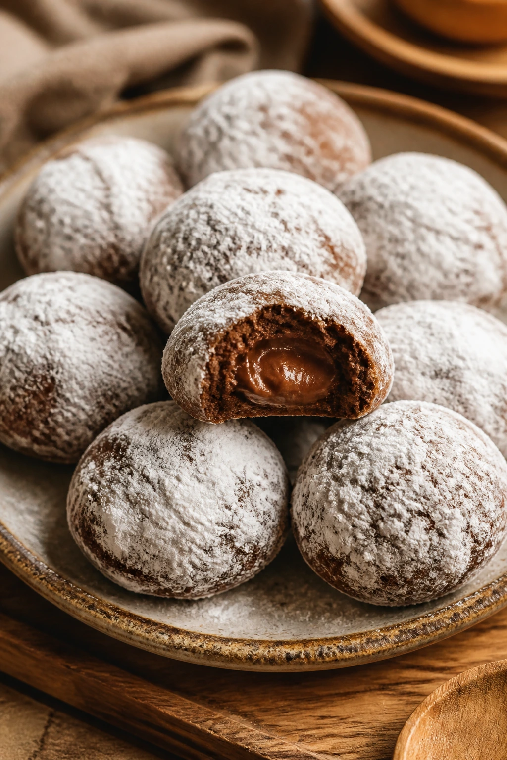 Cluster of snowball cookies on a rustic plate ready to serve.