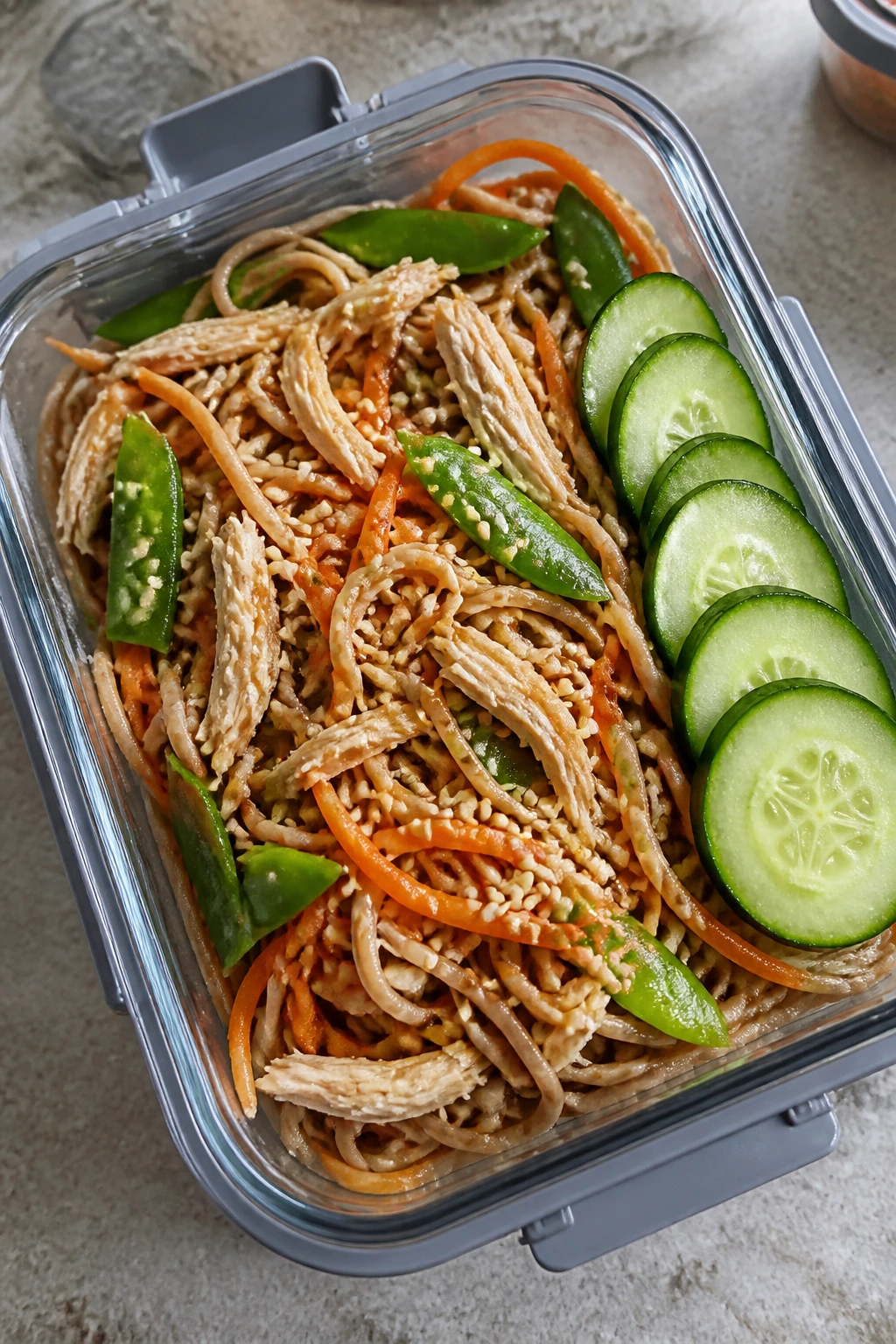Top-down view of cold soba chicken lunchbox with noodles and veggies.