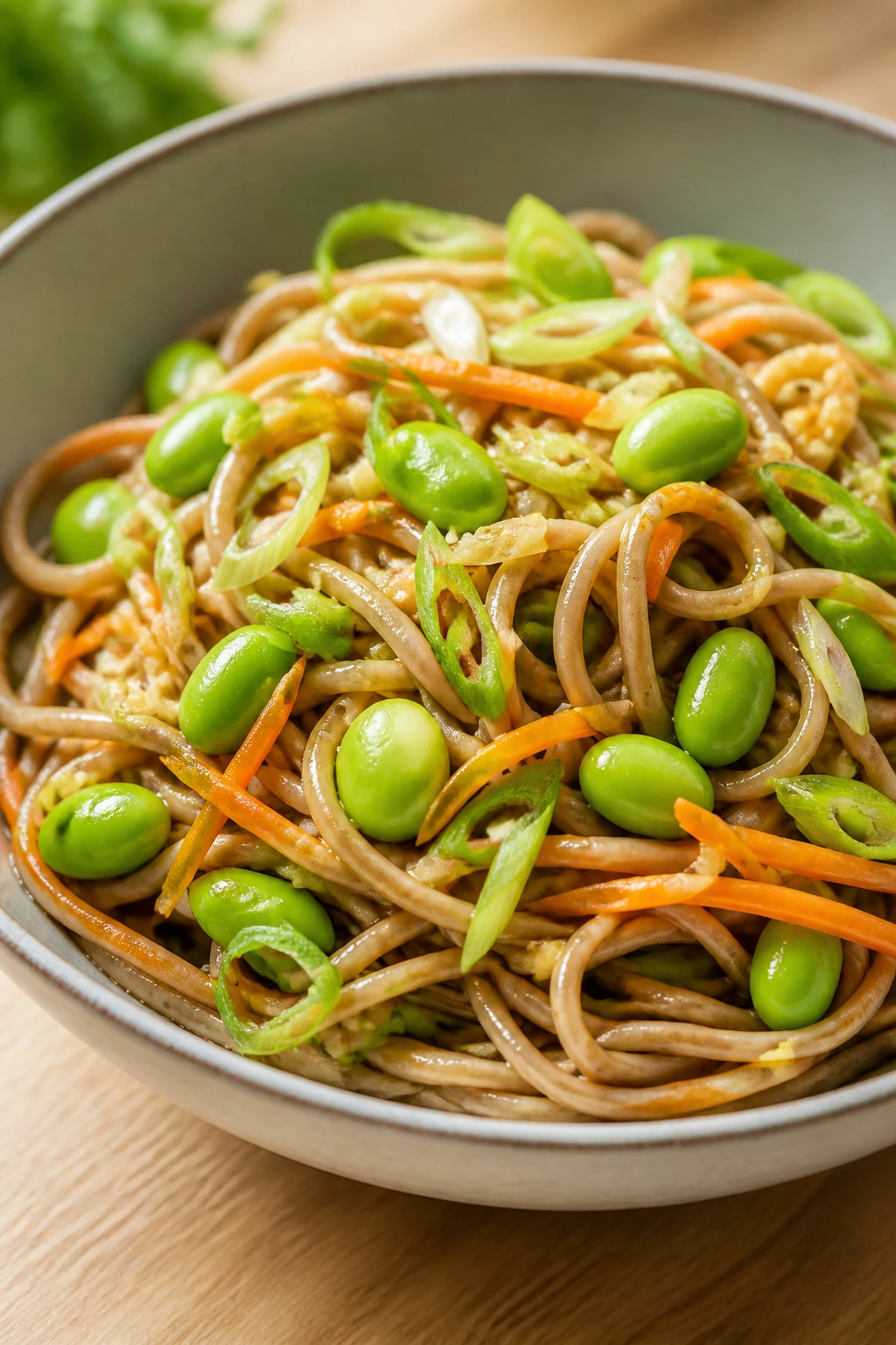 Close-up of Soba Noodles with Edamame and Ginger in a bowl