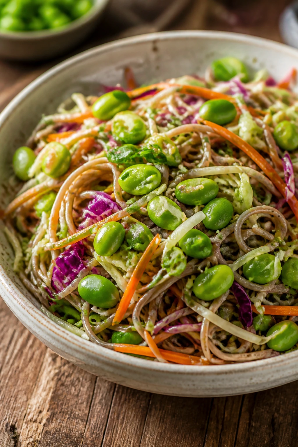 Close-up of soba noodle salad with edamame in a bowl on a wooden table