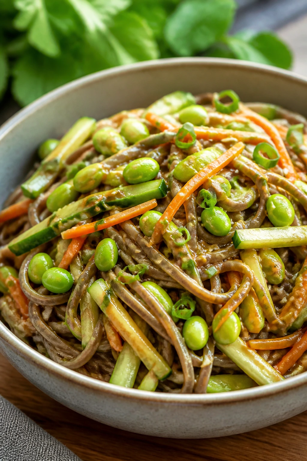 Close-up of cold soba noodle salad with edamame and veggies