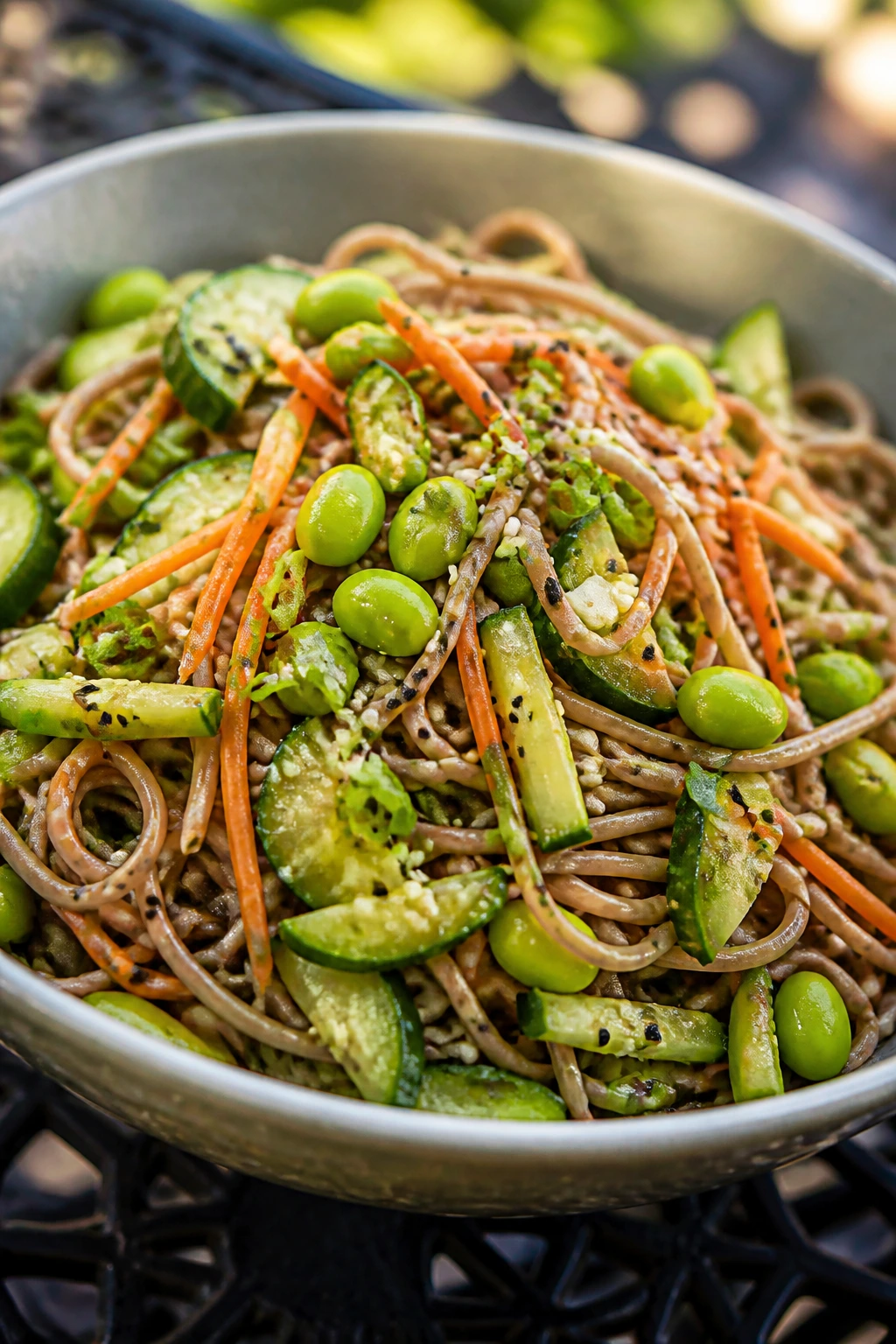 Close-up of soba noodle salad with sesame edamame and cucumber