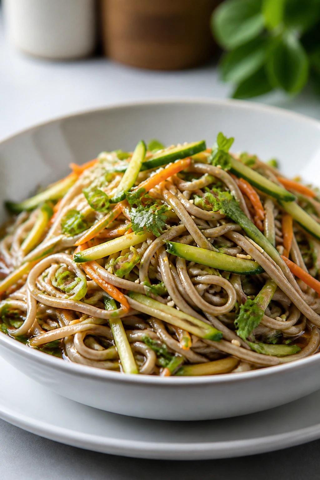 Soba noodle salad with cucumbers and carrots in a white bowl