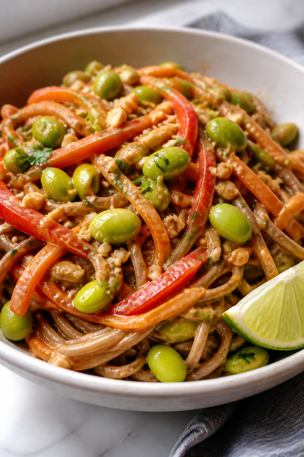 Close-up of Thai Peanut Soba Noodles with Edamame in a bright kitchen