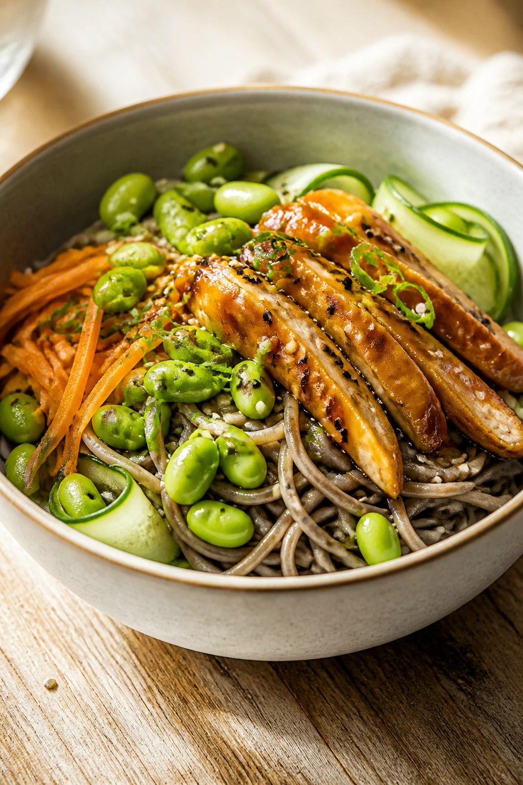 Cold soba noodle bowl with edamame and sesame dressing