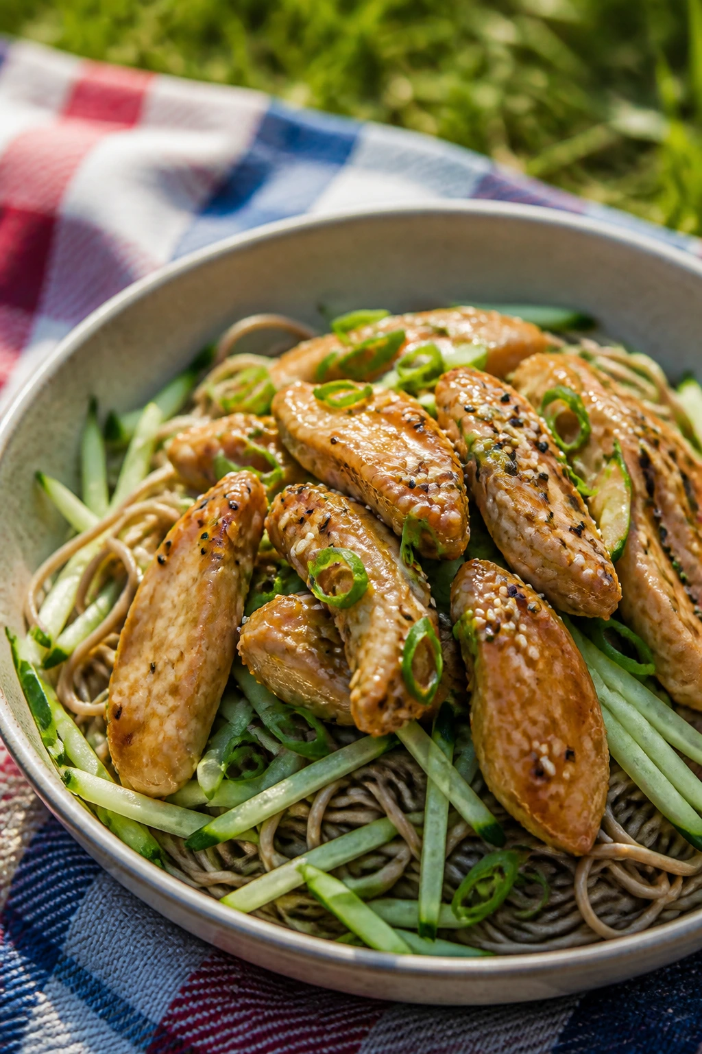 Close-up of cold soba noodle salad with sesame chicken in a bowl on a picnic blanket.