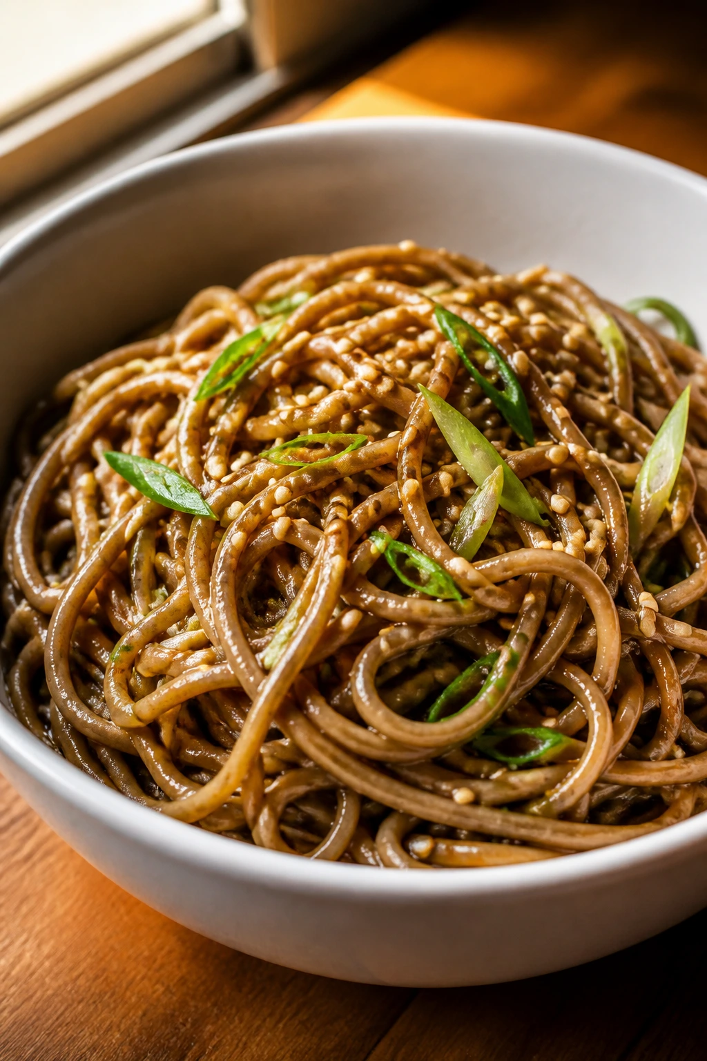 Close-up of garlic sesame soba noodles in a white bowl with sesame seeds