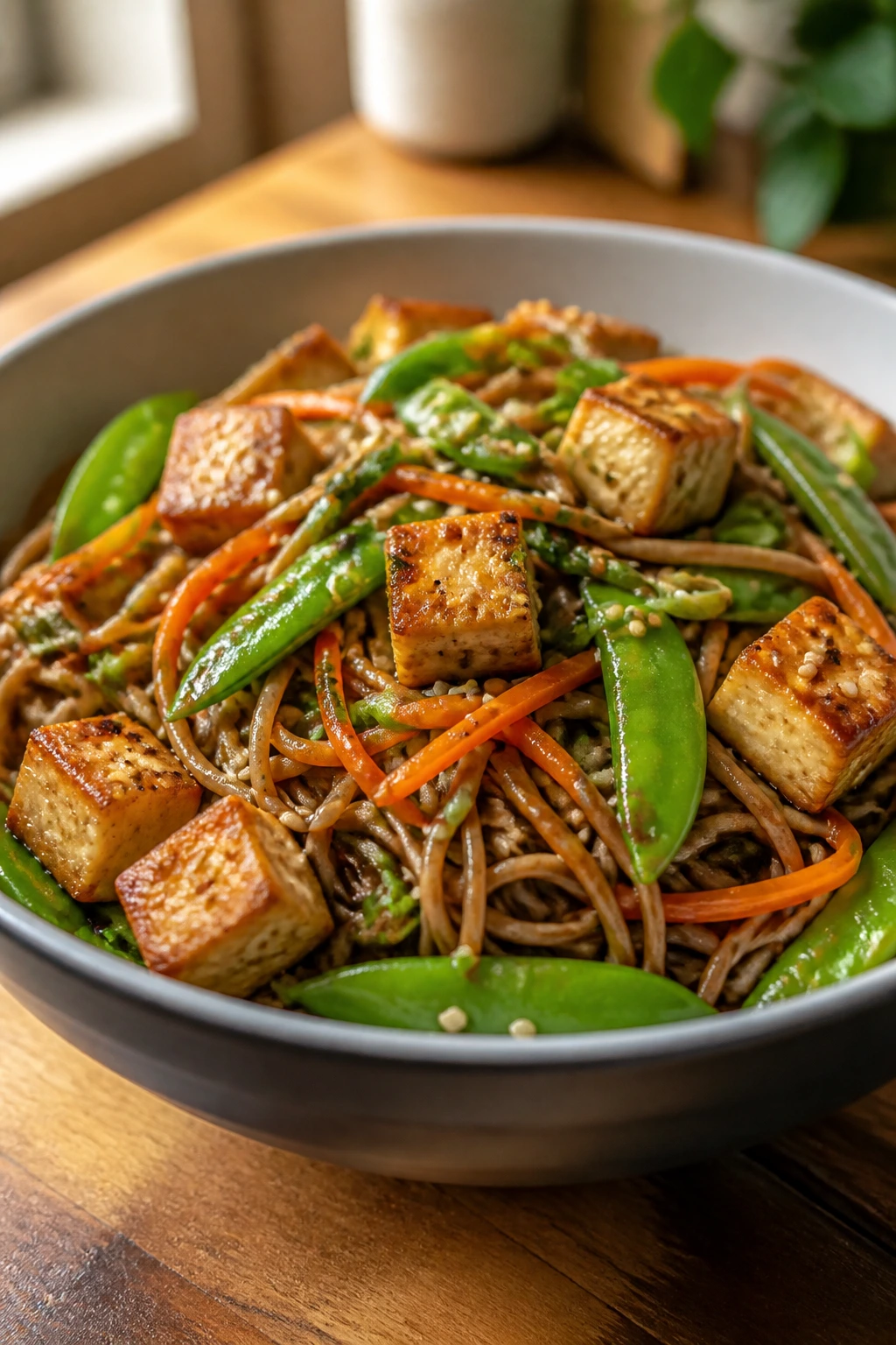 Close-up of sesame soba noodle bowl with tofu and vegetables
