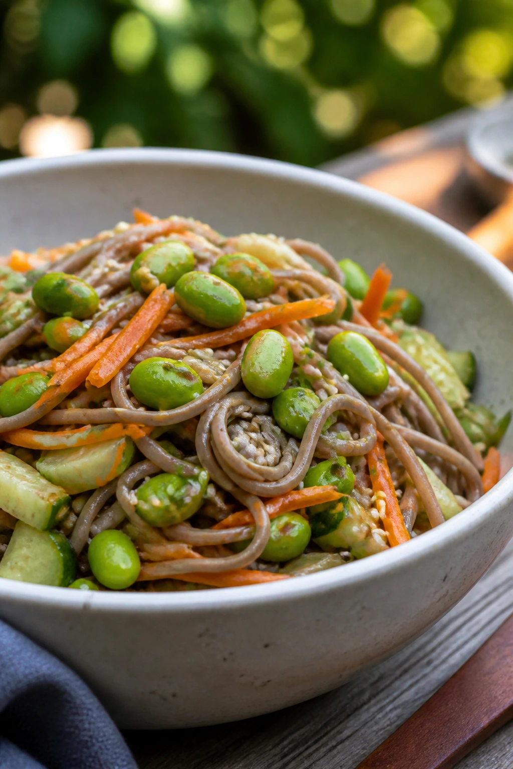 Medium close-up of soba noodle salad with edamame and sesame dressing on a picnic table