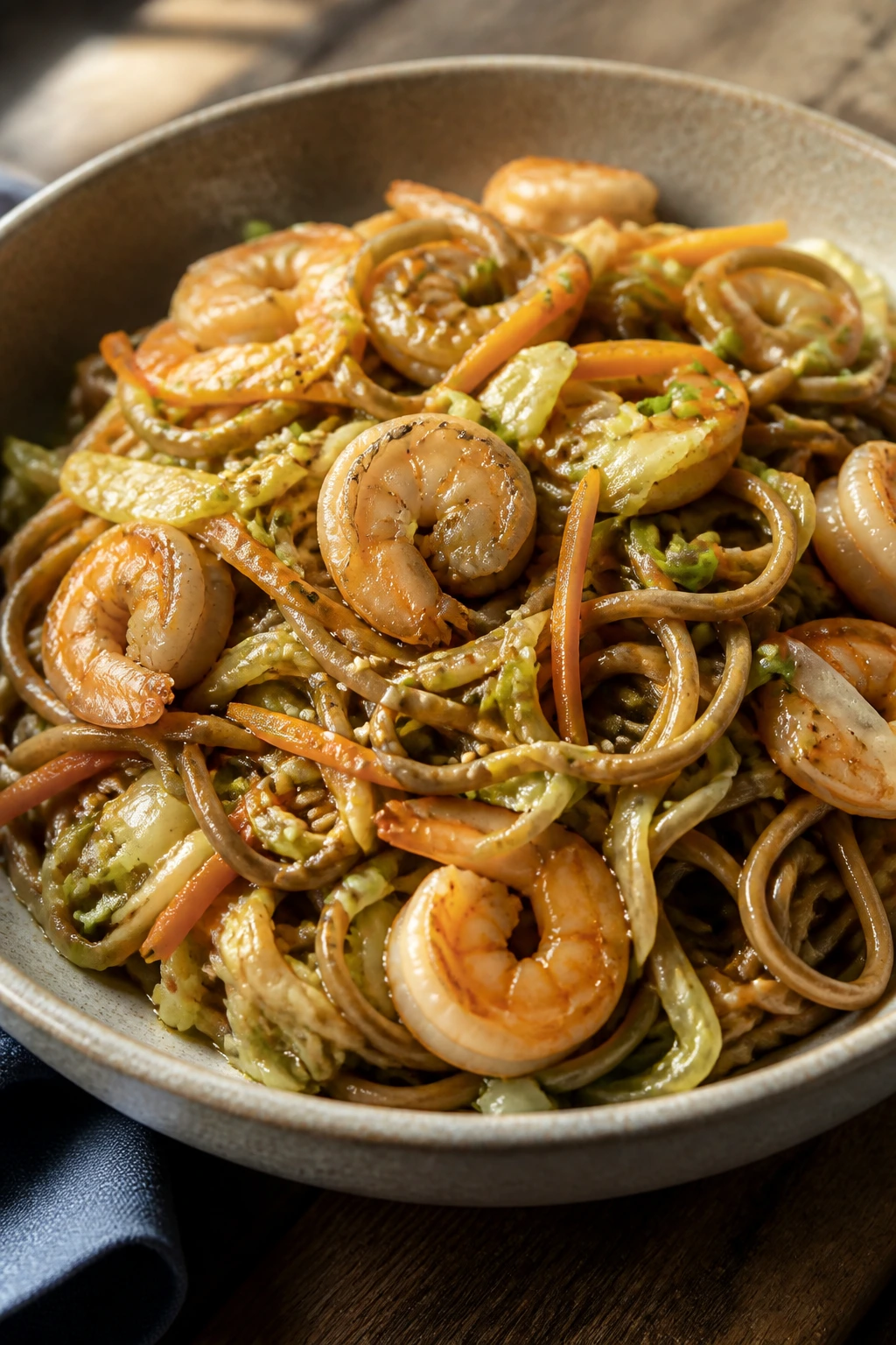 Close-up of sesame ginger soba with shrimp bowl