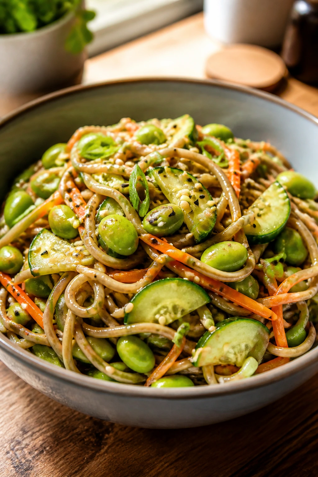 Close-up of miso-sesame edamame soba salad in a bowl