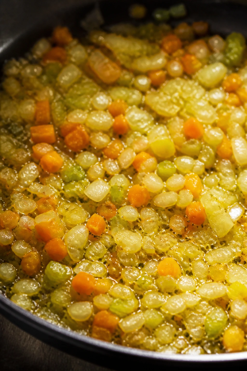 Close-up of soffritto vegetables in olive oil cooking in a skillet