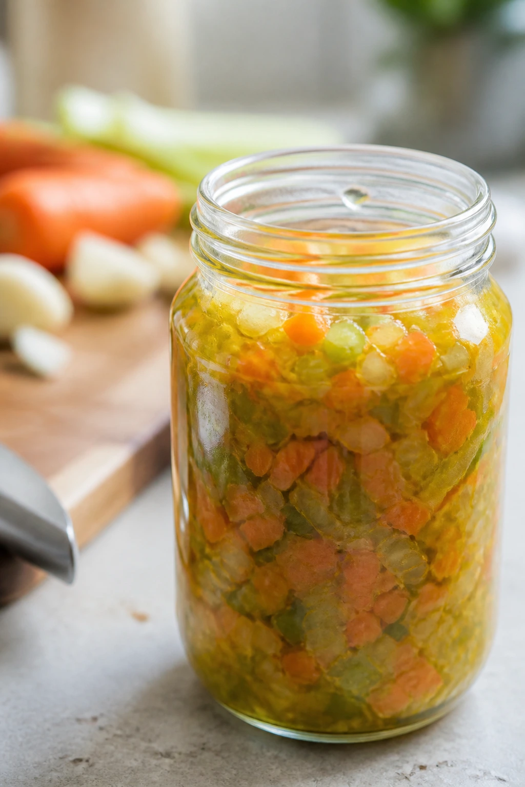 Jar of soffritto ready for weeknight cooking on a kitchen counter.