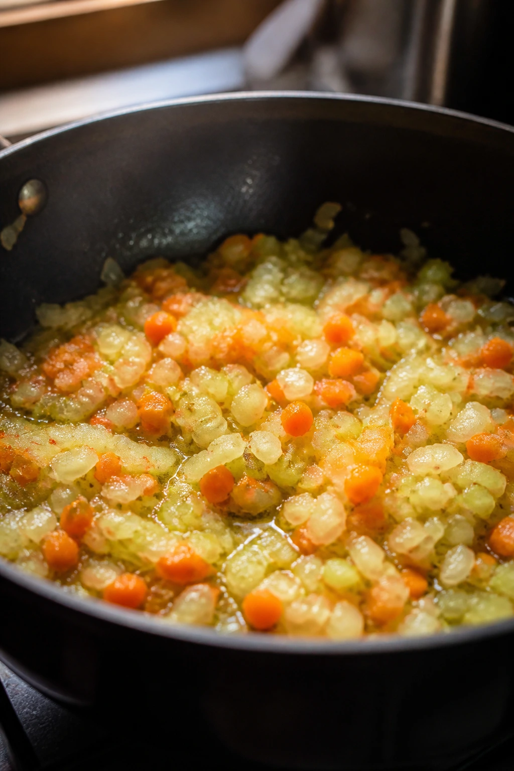 Close-up of sofritto base (onion, celery, carrot) sweating in olive oil