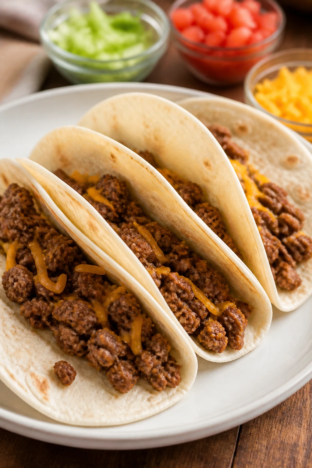 Soft ground beef tacos on plate in warm kitchen setting