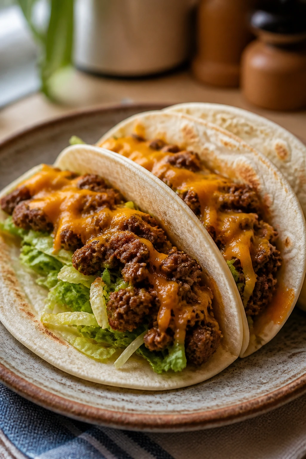 Close-up of soft beef tacos on a rustic plate with melted cheese and lettuce