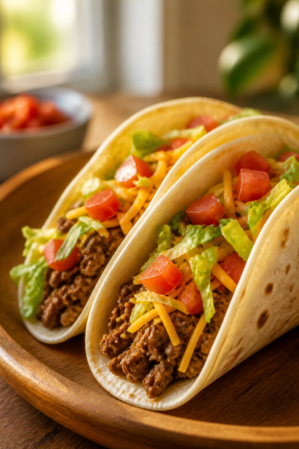 Close-up of soft beef tacos with lettuce and tomato filling on a wooden plate