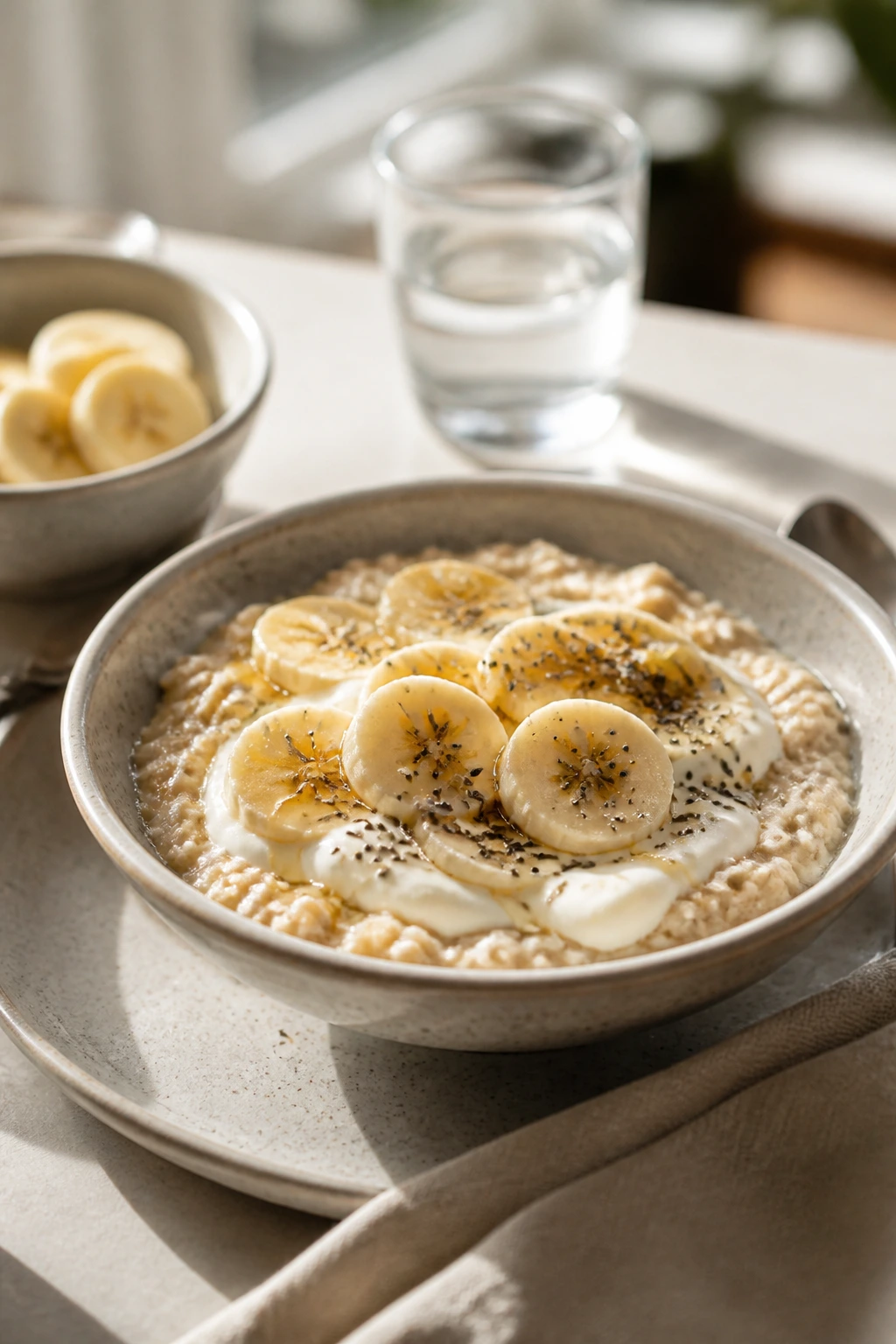 Breakfast plate with yogurt, oats, and sliced banana on a cozy table.