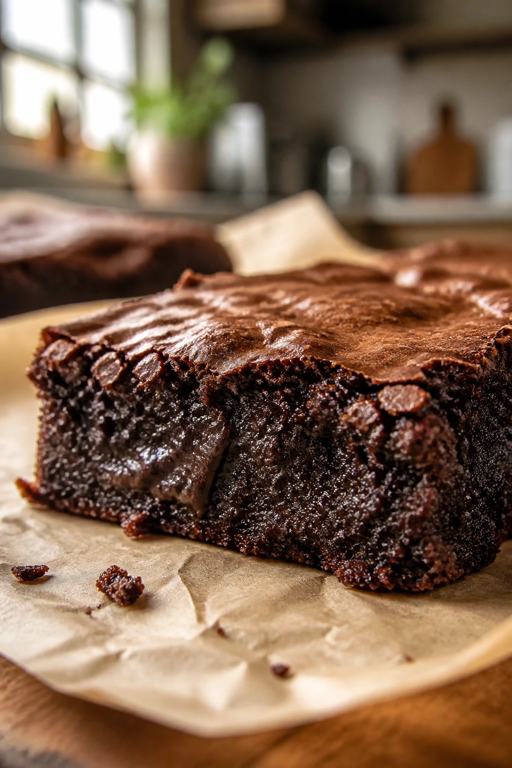 Fudgy brownie wedge showing moist center