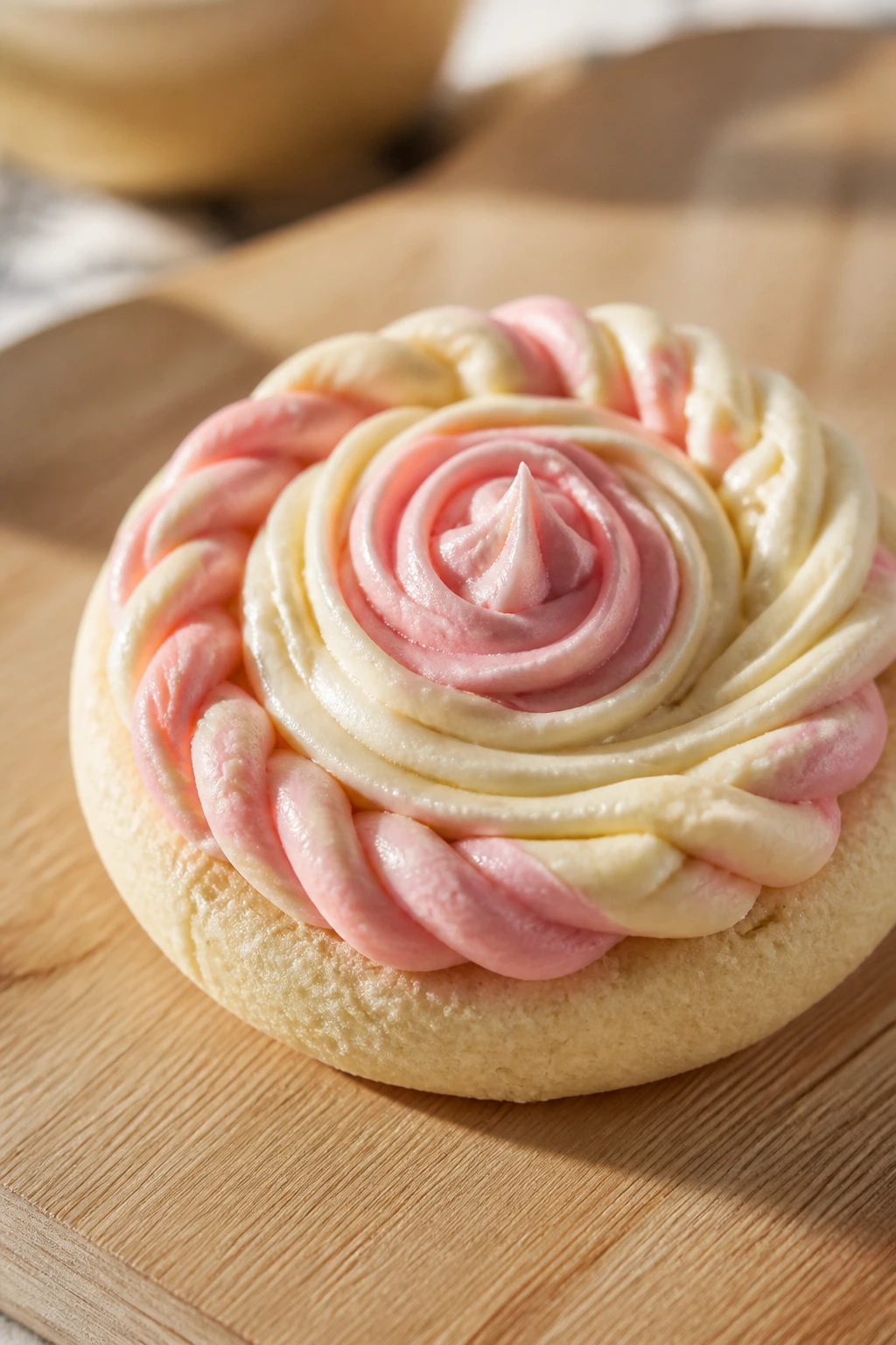 Close-up of a decorated soft cookie with cream cheese frosting on a wooden board