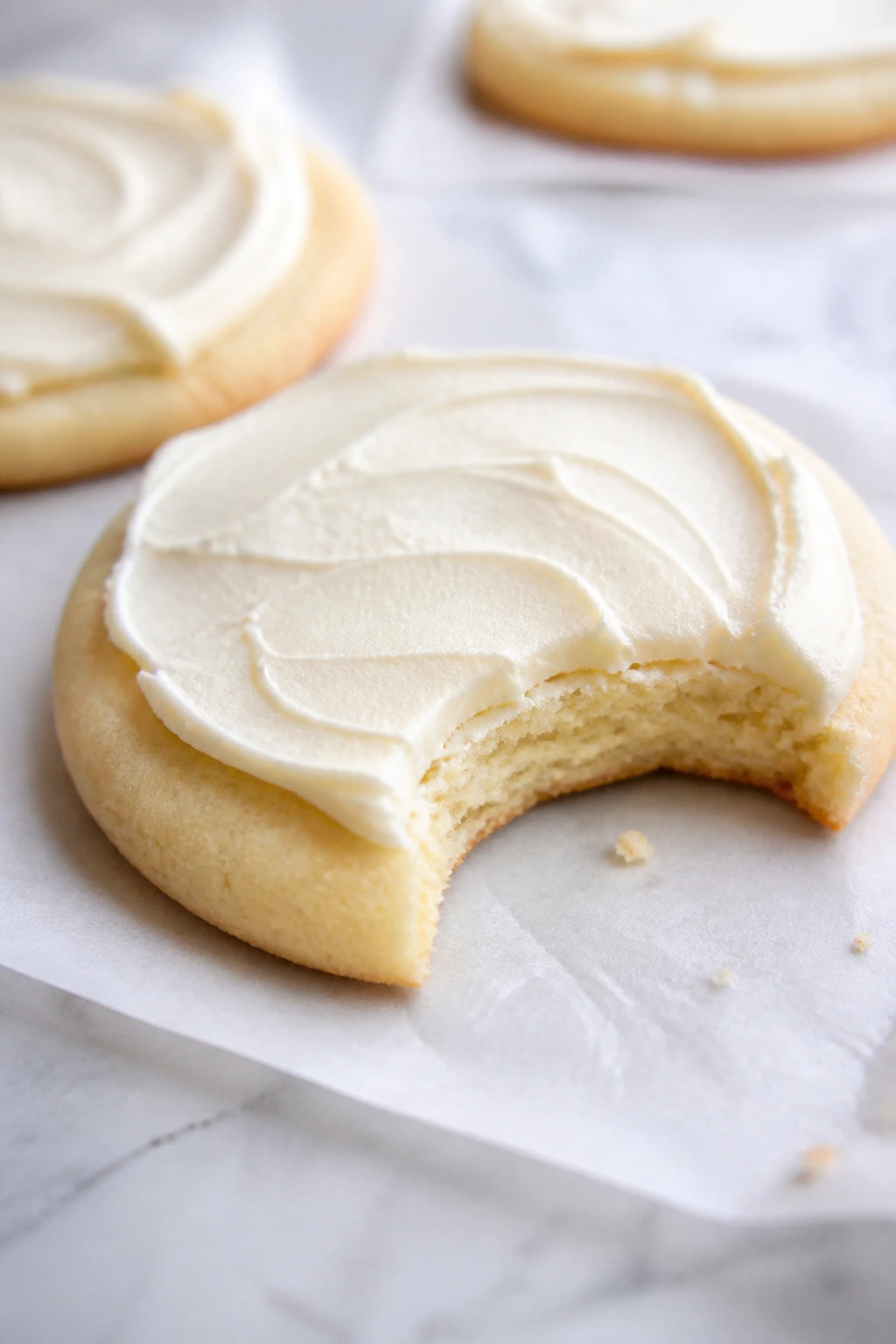Close-up of a pale-edged soft cookie with springy center