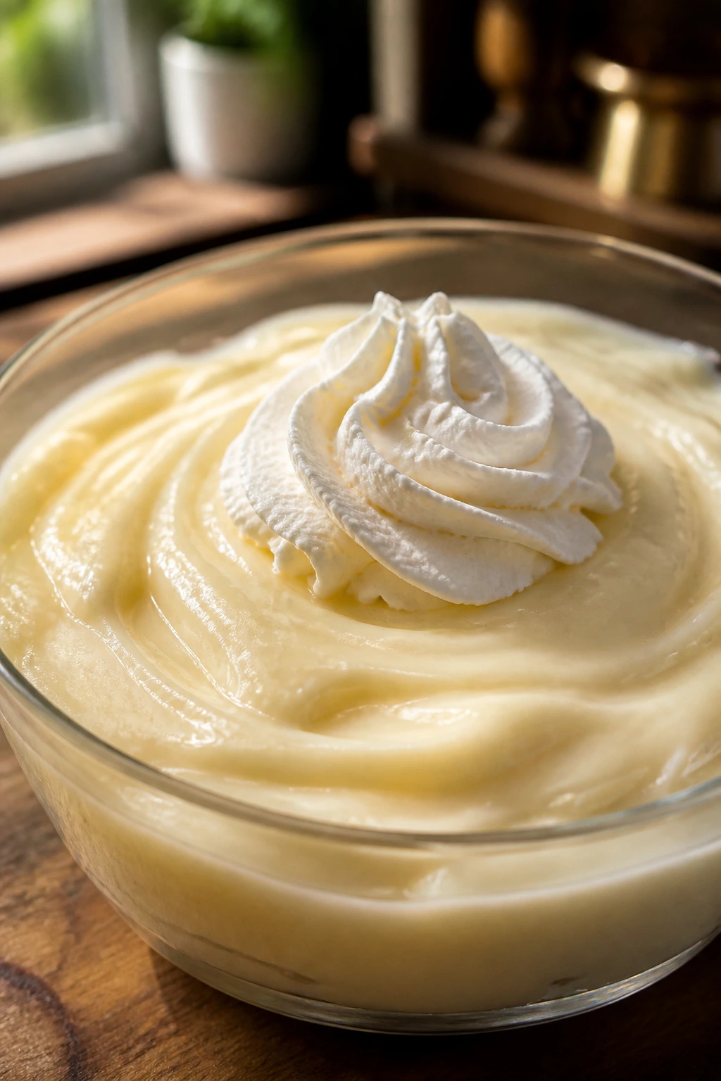 Vanilla pudding in glass bowl with whipped cream, in warm kitchen