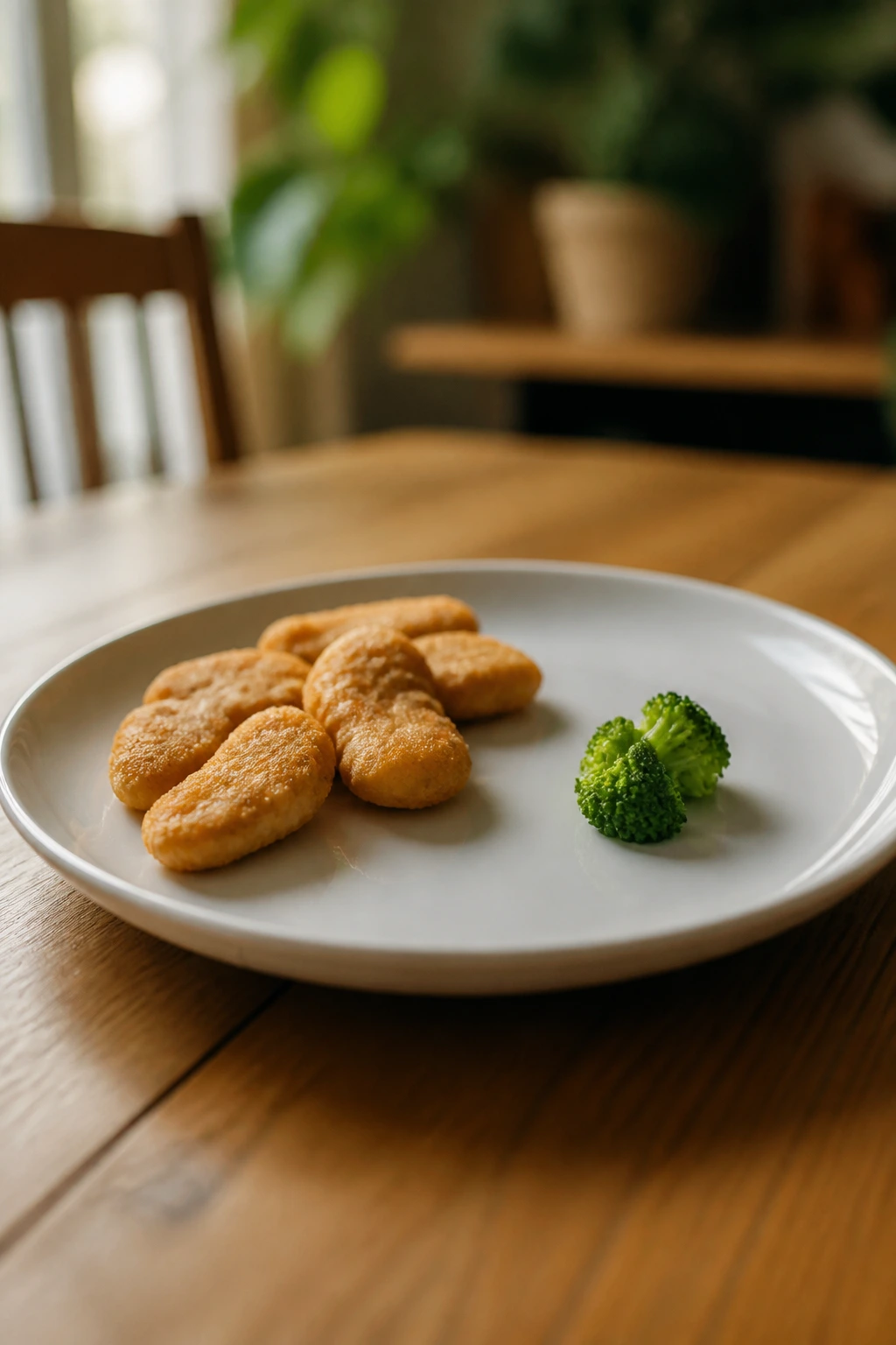 Close-up of a child's dinner plate with familiar and new foods on a warm kitchen table