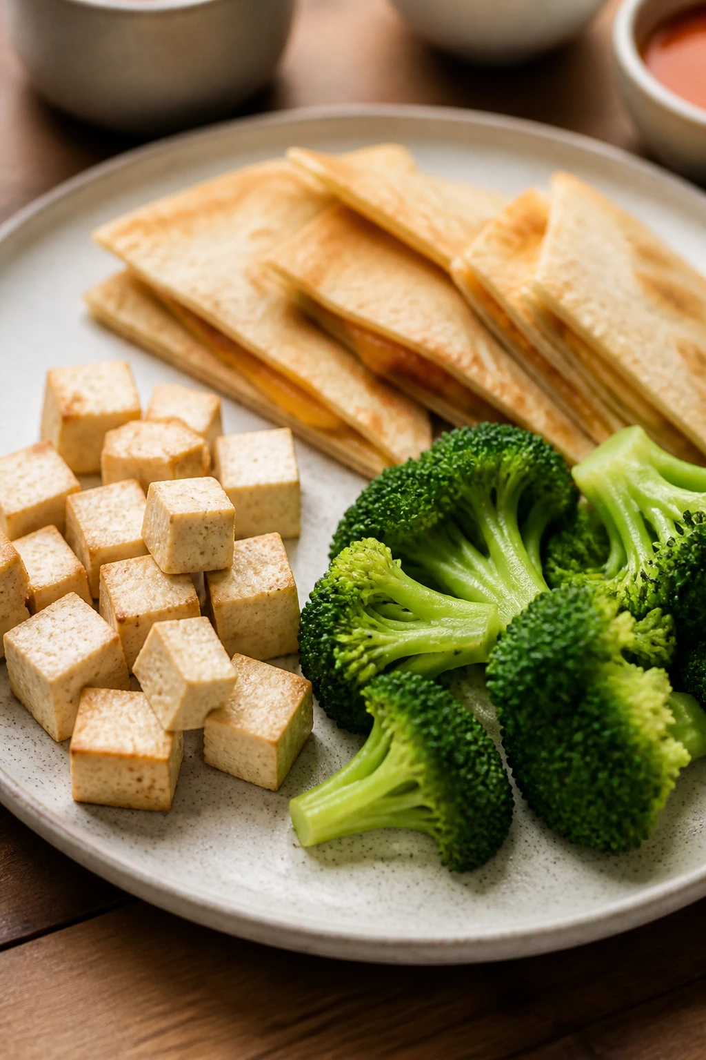 Plate showing soft textures for toddlers including tofu cubes, quesadilla, broccoli