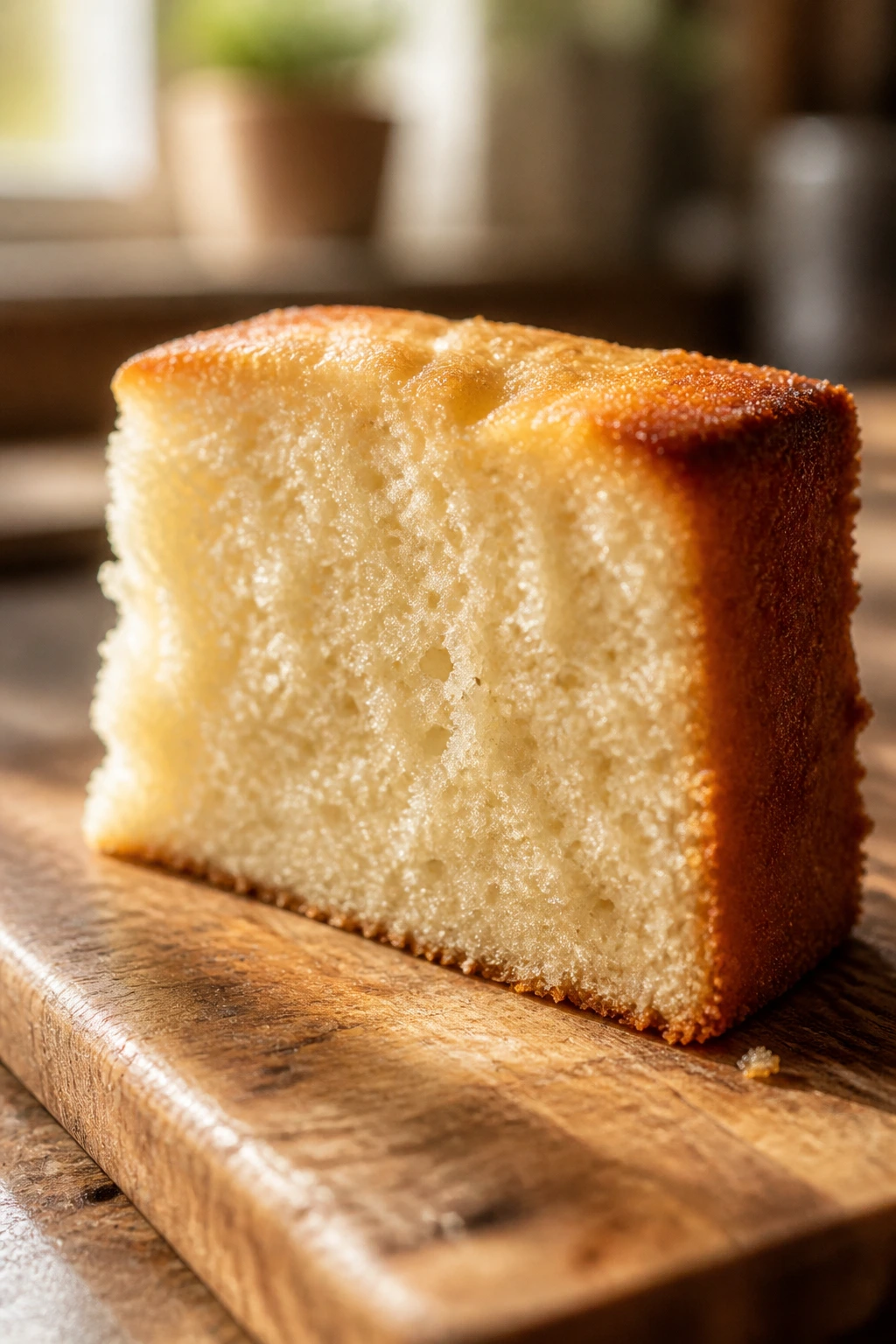 Close-up of a moist vanilla cake slice on a wooden board in a sunlit kitchen, representing soft July desserts.
