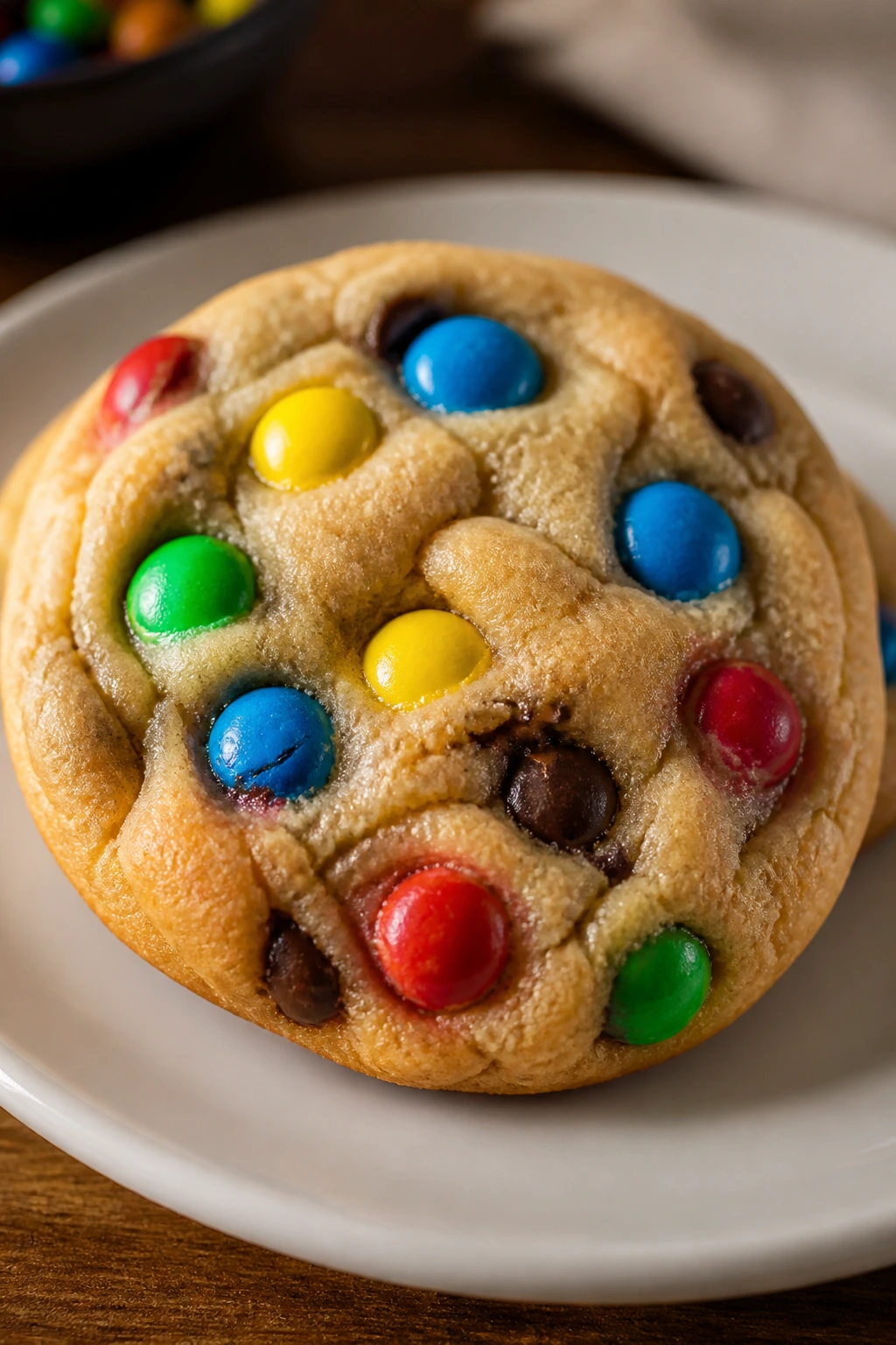 Close-up of a chewy M&M cookie with bright candy toppings
