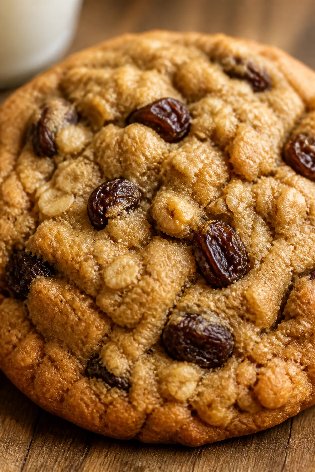 Close-up of a soft oatmeal raisin cookie in a warm kitchen