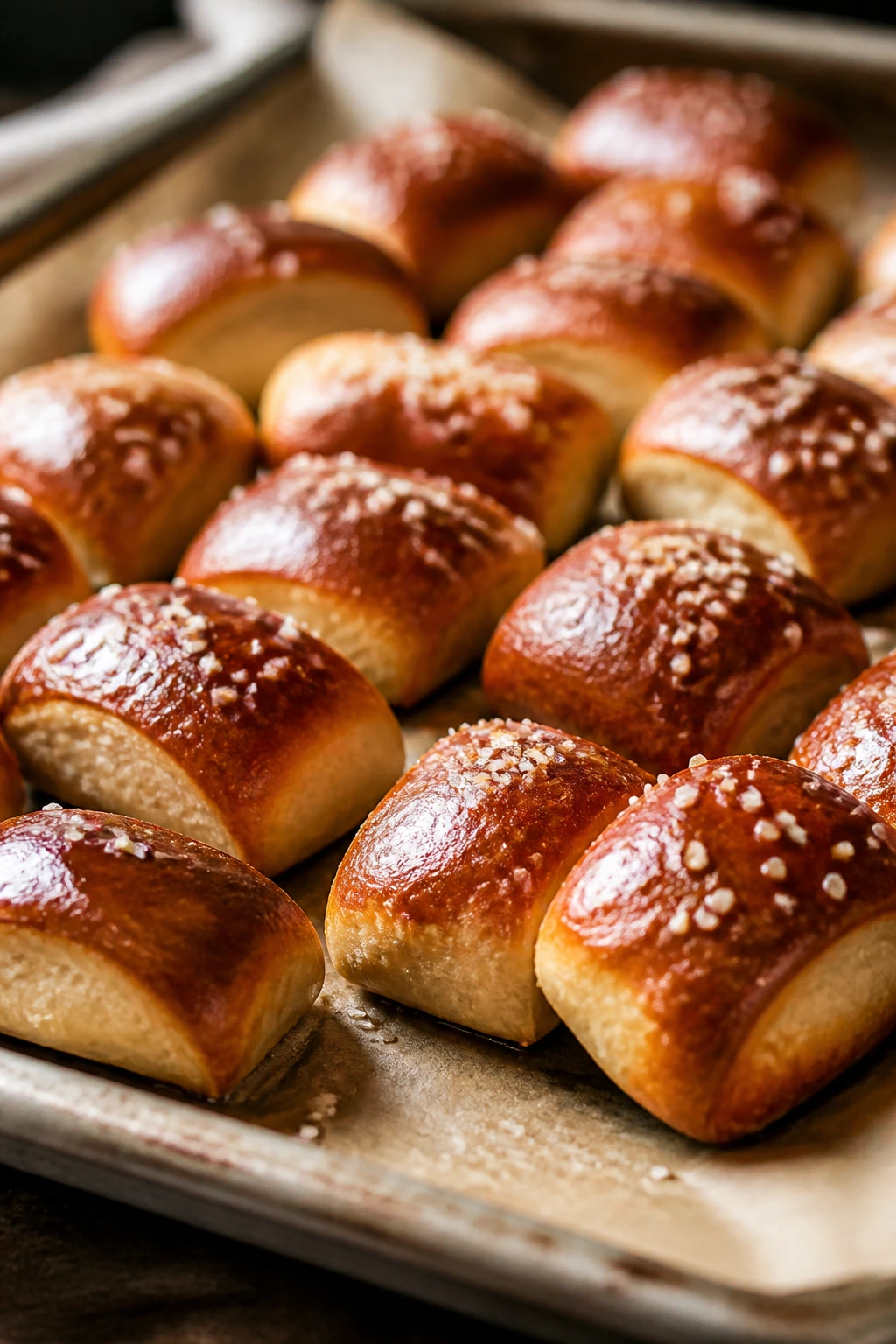 Warm soft pretzel bites on a baking sheet.