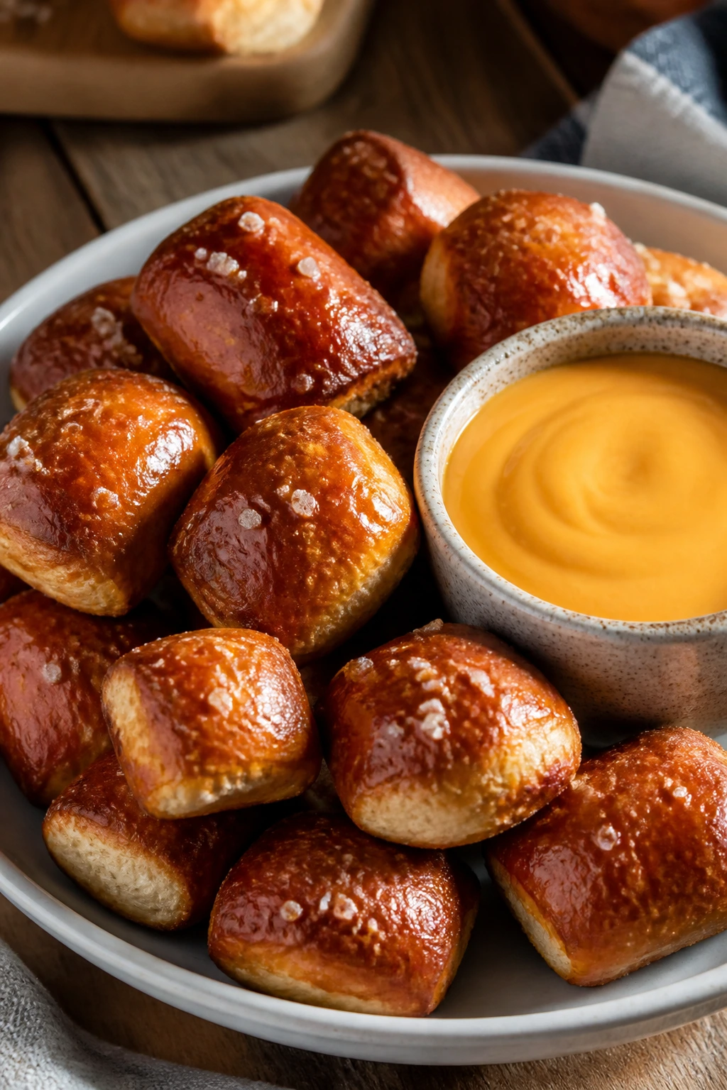 Pretzel bites with cheese dip on a plate in a cozy kitchen