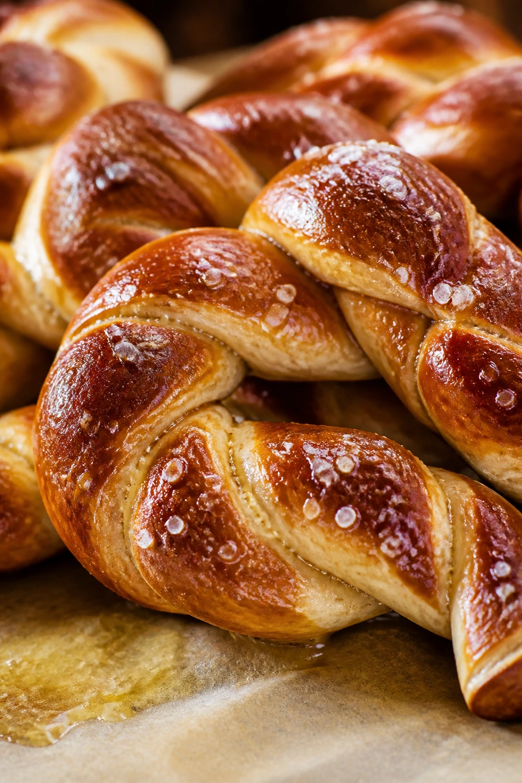 Close-up of soft pretzel twists with salted crust and butter shine occupying the frame
