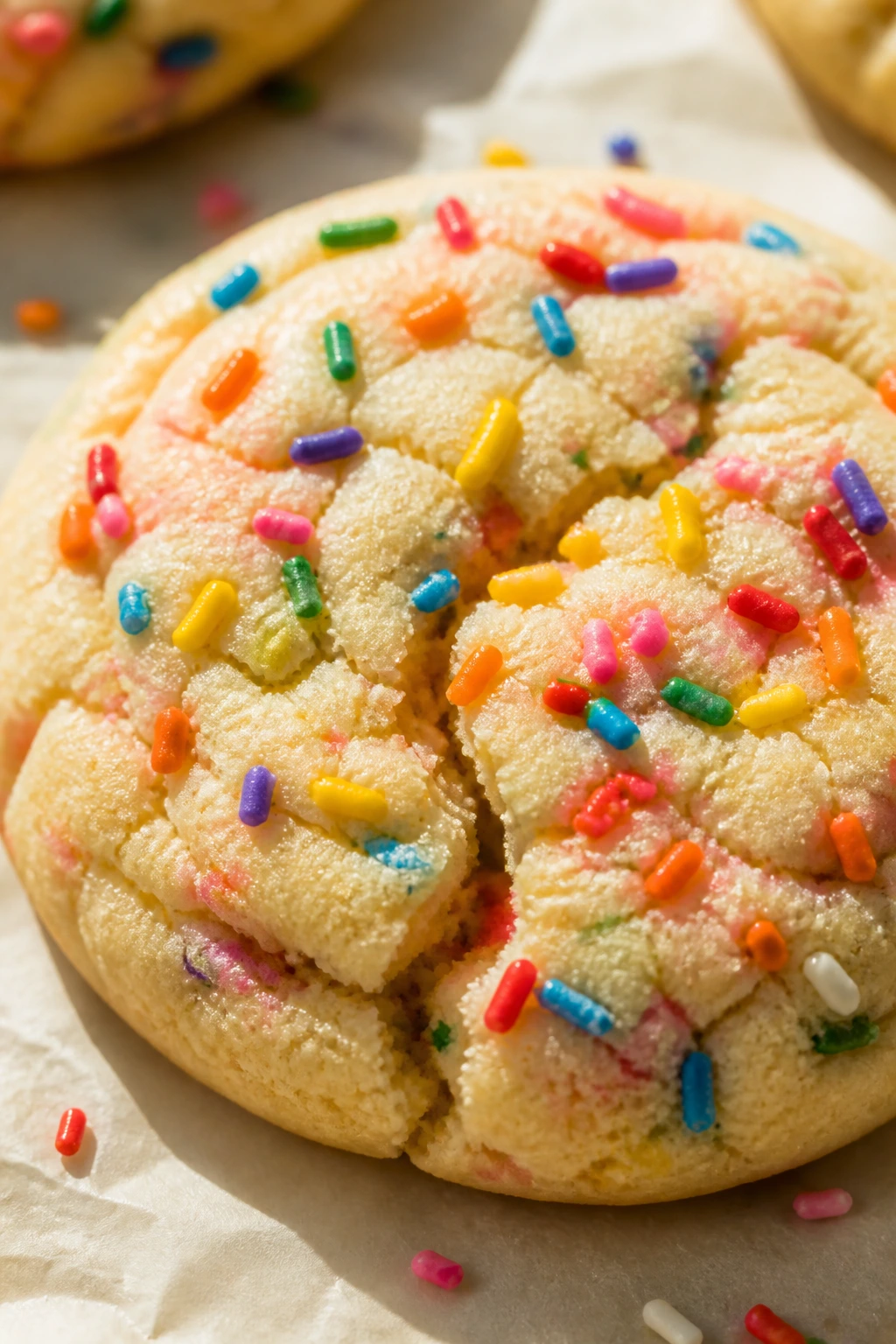 Soft rainbow sugar cookie with colorful sprinkles on top