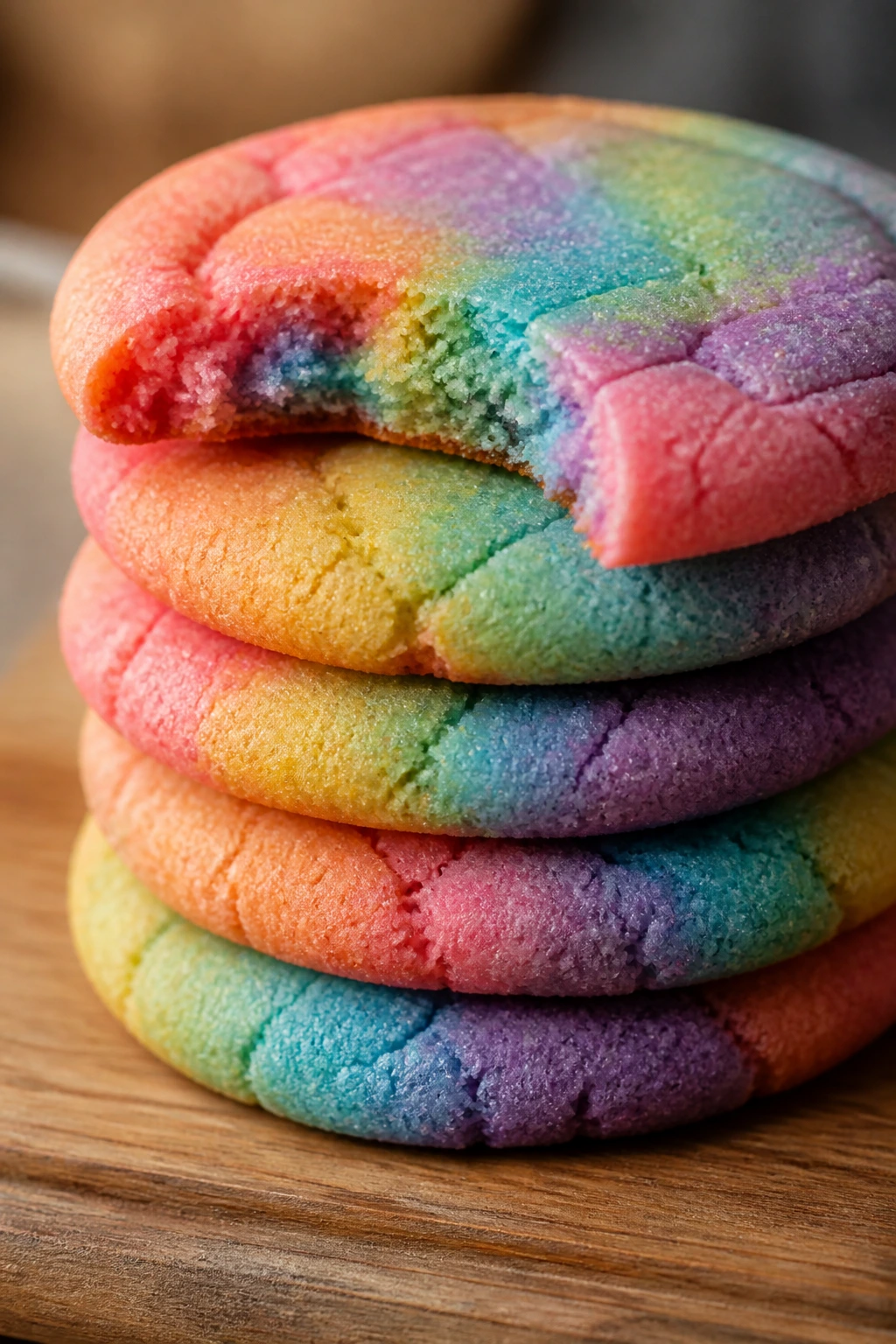 Stack of soft rainbow sugar cookies showing tender crumb