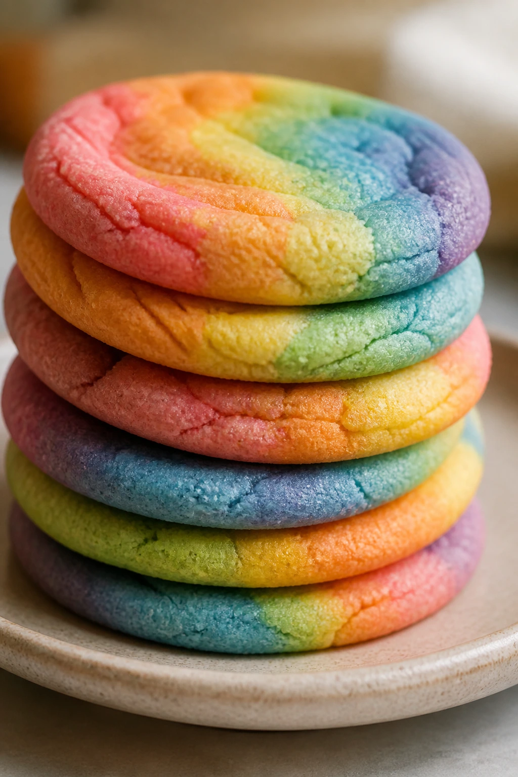 Close-up of a stack of soft rainbow sugar cookies on a plate