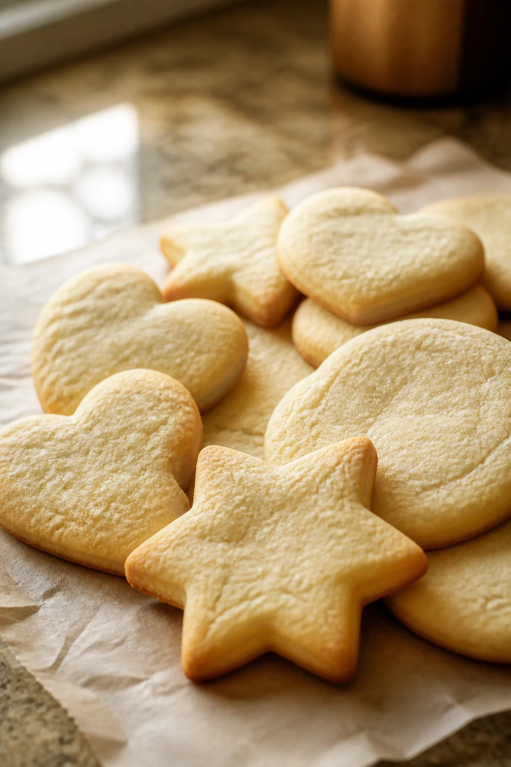 Group of soft cookies in various shapes on parchment in a warm kitchen.