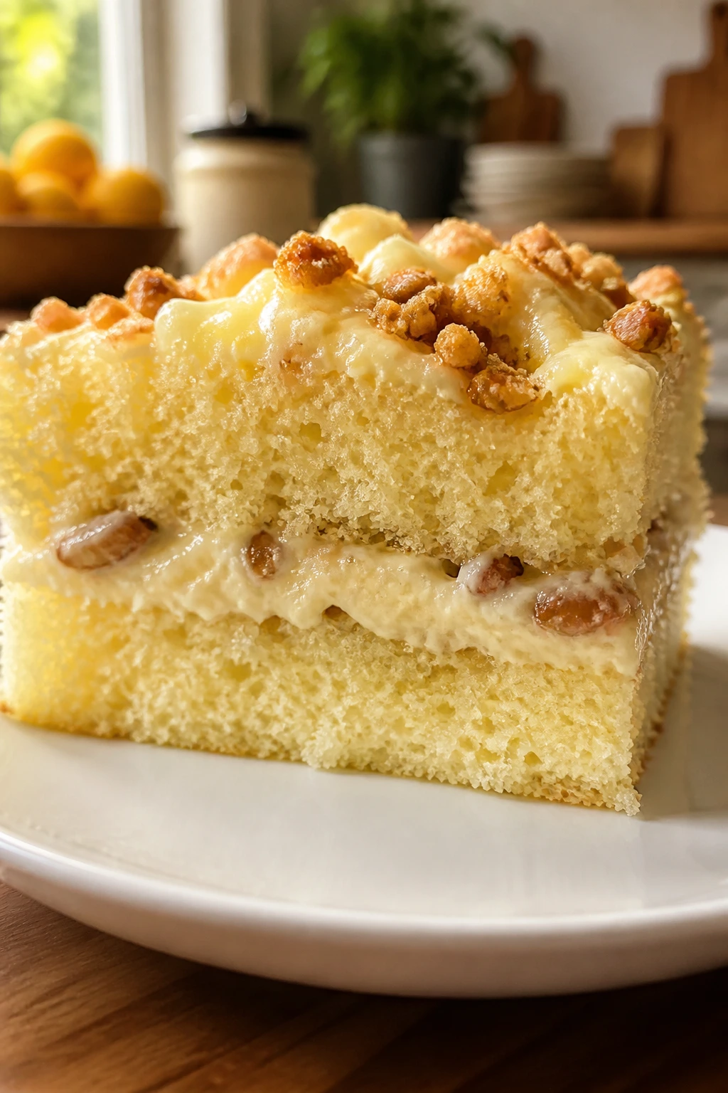 Moist dessert slice on a clean plate in a cozy kitchen