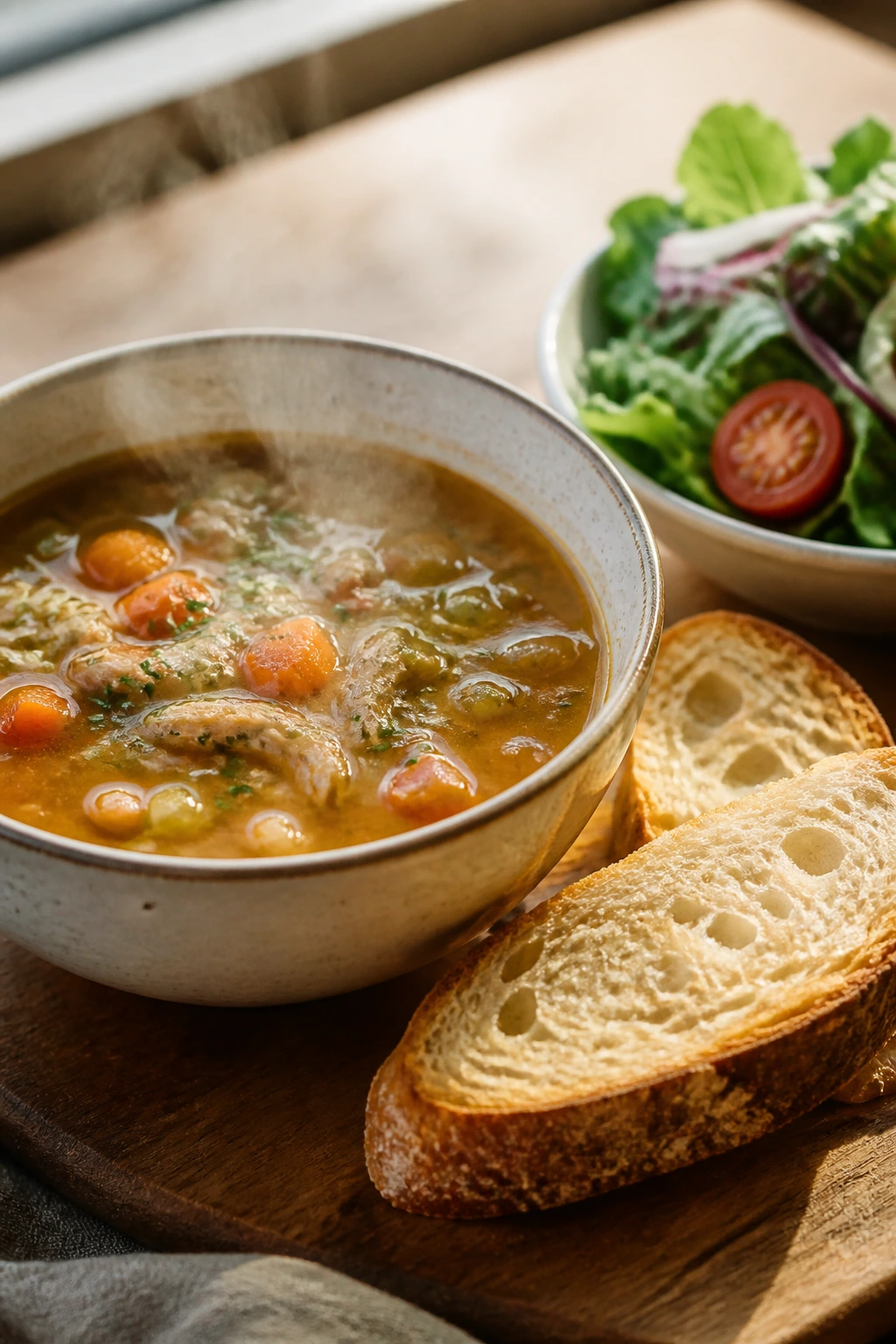 Soup served with bread and a crisp side salad on a wooden table.