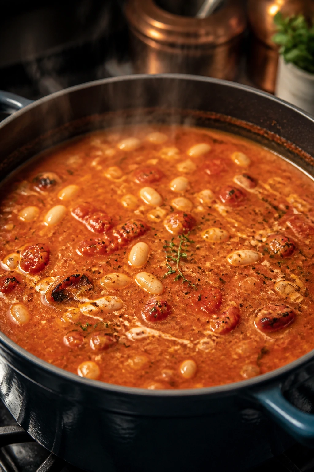 Close-up of a thick tomato soup base in a pot on the stove